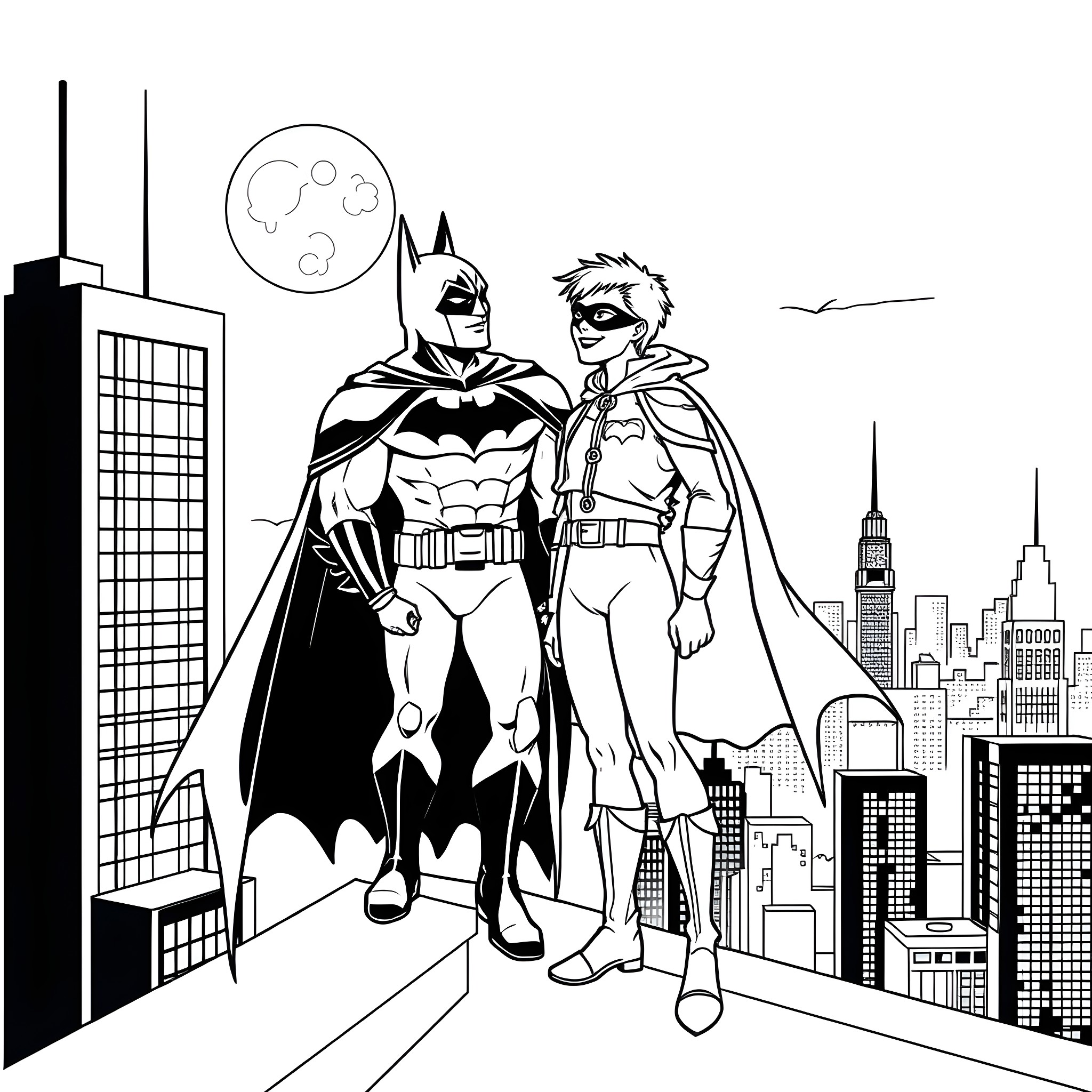 Batman and Robin on a Cityscape Adventure Coloring Page (free black-and-white line drawing printable PDF for all, from beginners to advanced learners, including children, teens, adults, and seniors)