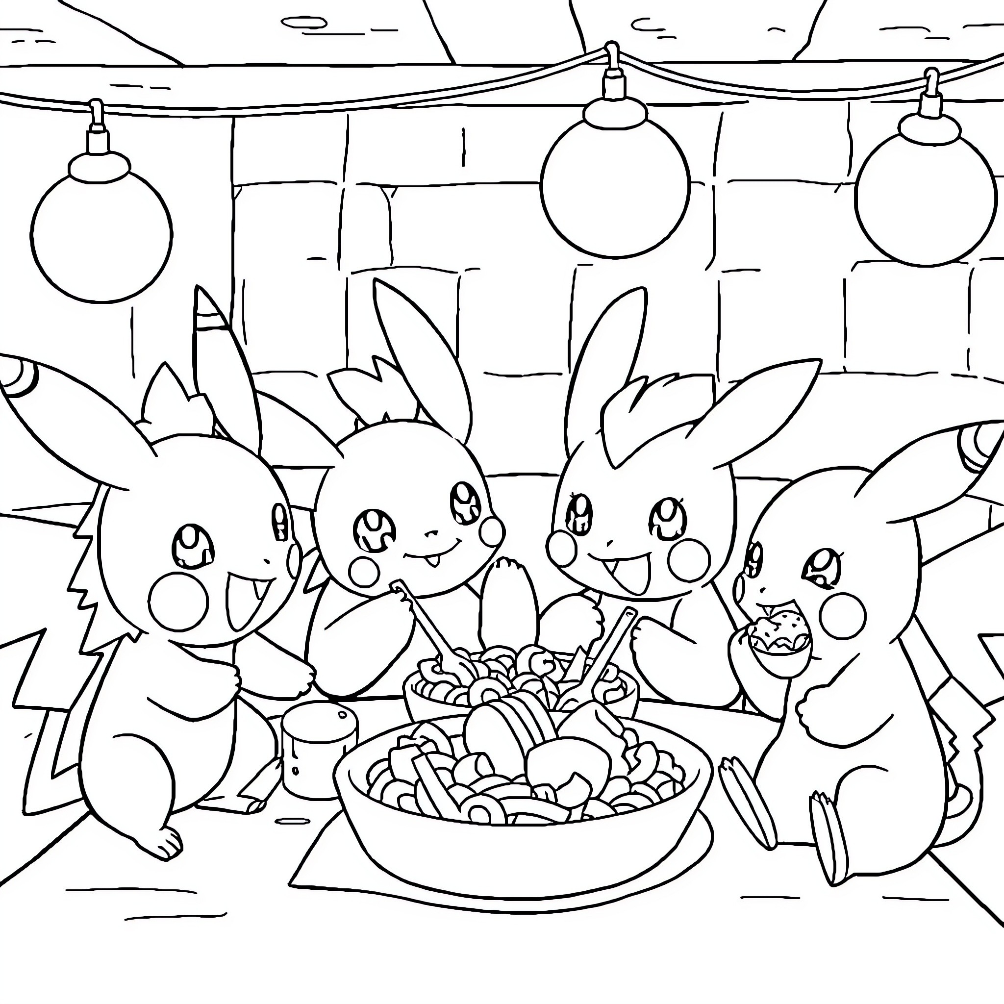 Pokémon characters enjoying a festive gathering Coloring Page (free black-and-white line drawing printable PDF for all, from beginners to advanced learners, including children, teens, adults, and seniors)