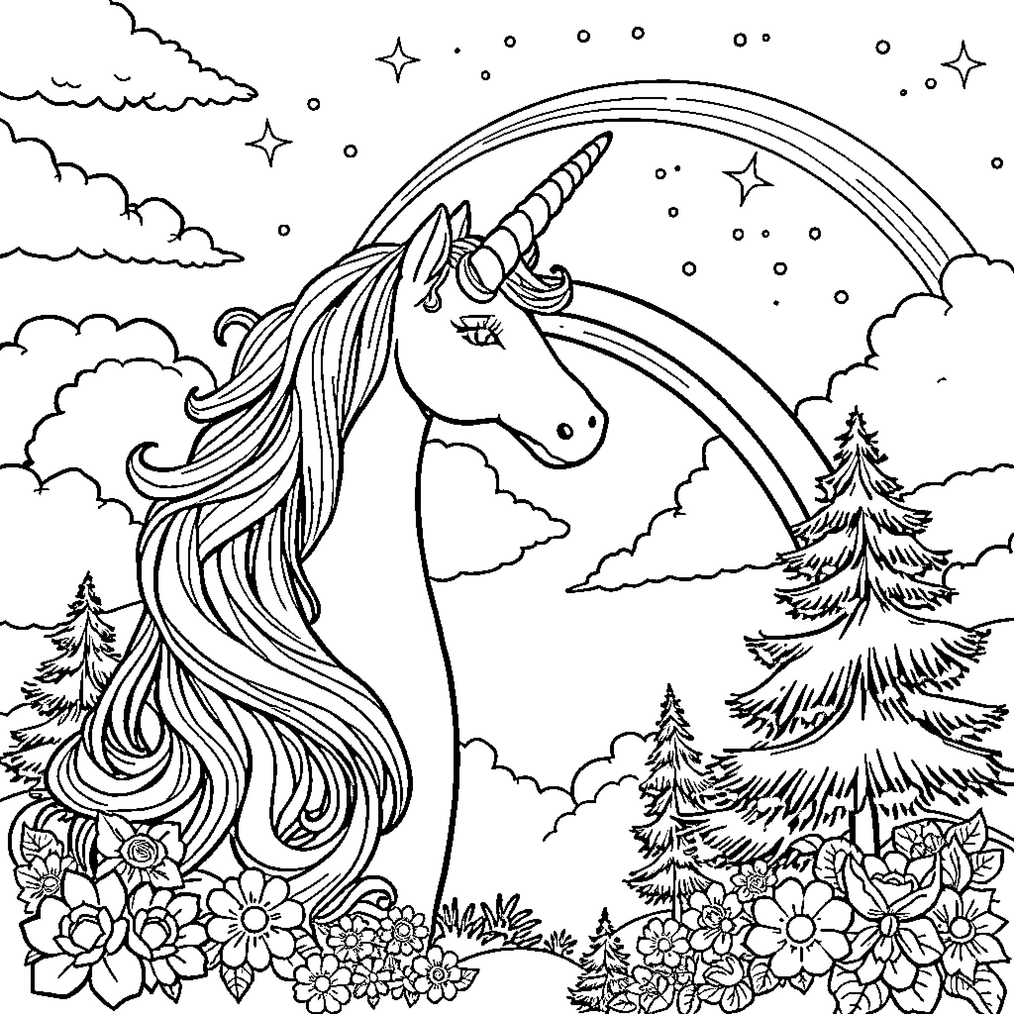 Unicorn gliding through a magical forest landscape Coloring Page (free black-and-white line drawing printable PDF for all, from beginners to advanced learners, including children, teens, adults, and seniors)