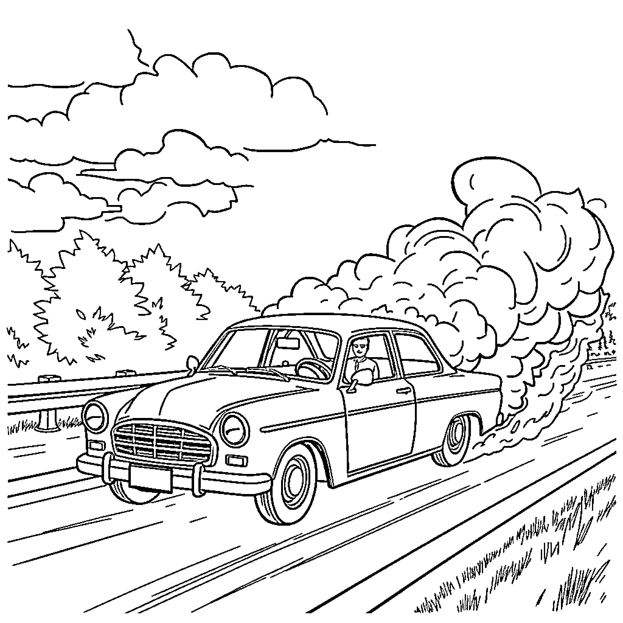 Car driving on a scenic road in the countryside Coloring Page (free black-and-white line drawing printable PDF for all, from beginners to advanced learners, including children, teens, adults, and seniors)