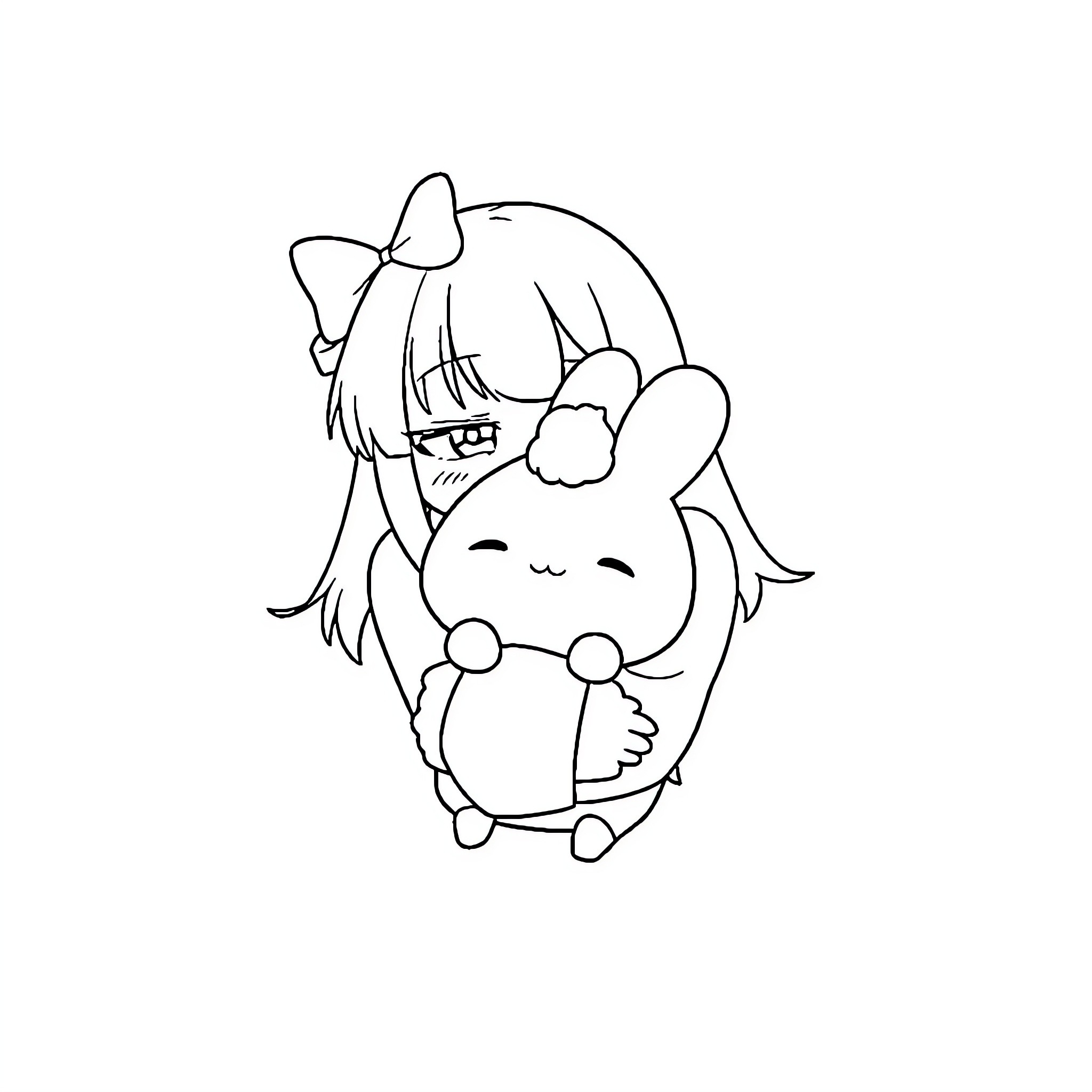Kuromi and Pompompurin in Playful Embrace Coloring Page (free black-and-white line drawing printable PDF for all, from beginners to advanced learners, including children, teens, adults, and seniors)