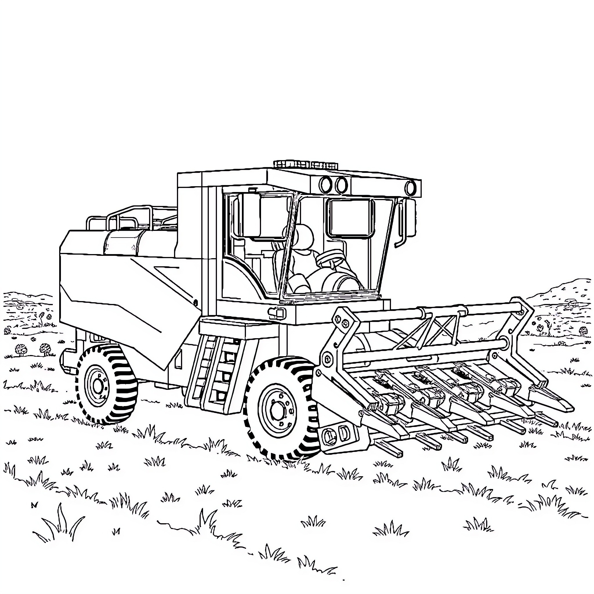 Lego Combine Harvester Reaping Crops in the Field Coloring Page (free black-and-white line drawing printable PDF for all, from beginners to advanced learners, including children, teens, adults, and seniors)