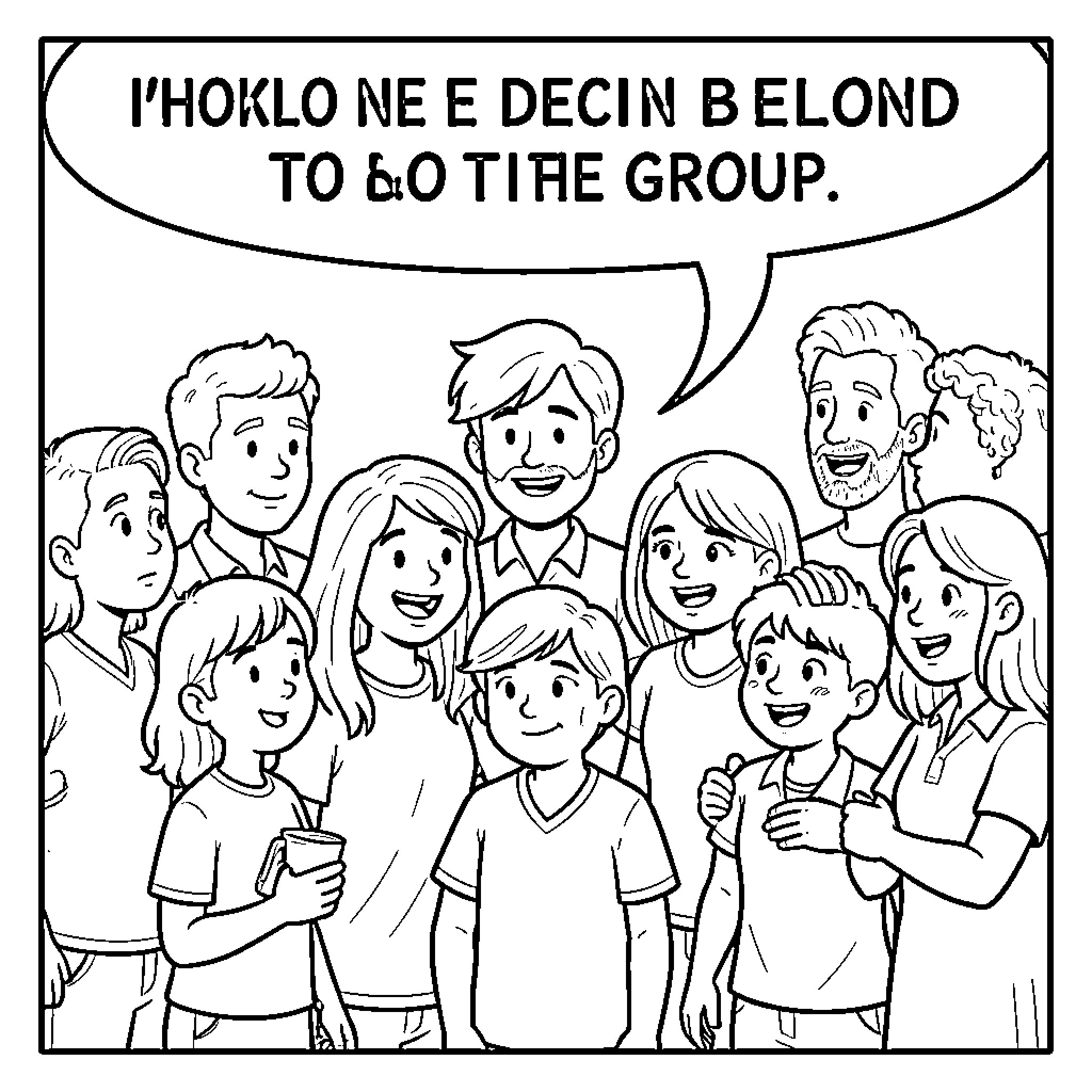 Not Yall a diverse group of people smiling together Coloring Page (free black-and-white line drawing printable PDF for all, from beginners to advanced learners, including children, teens, adults, and seniors)