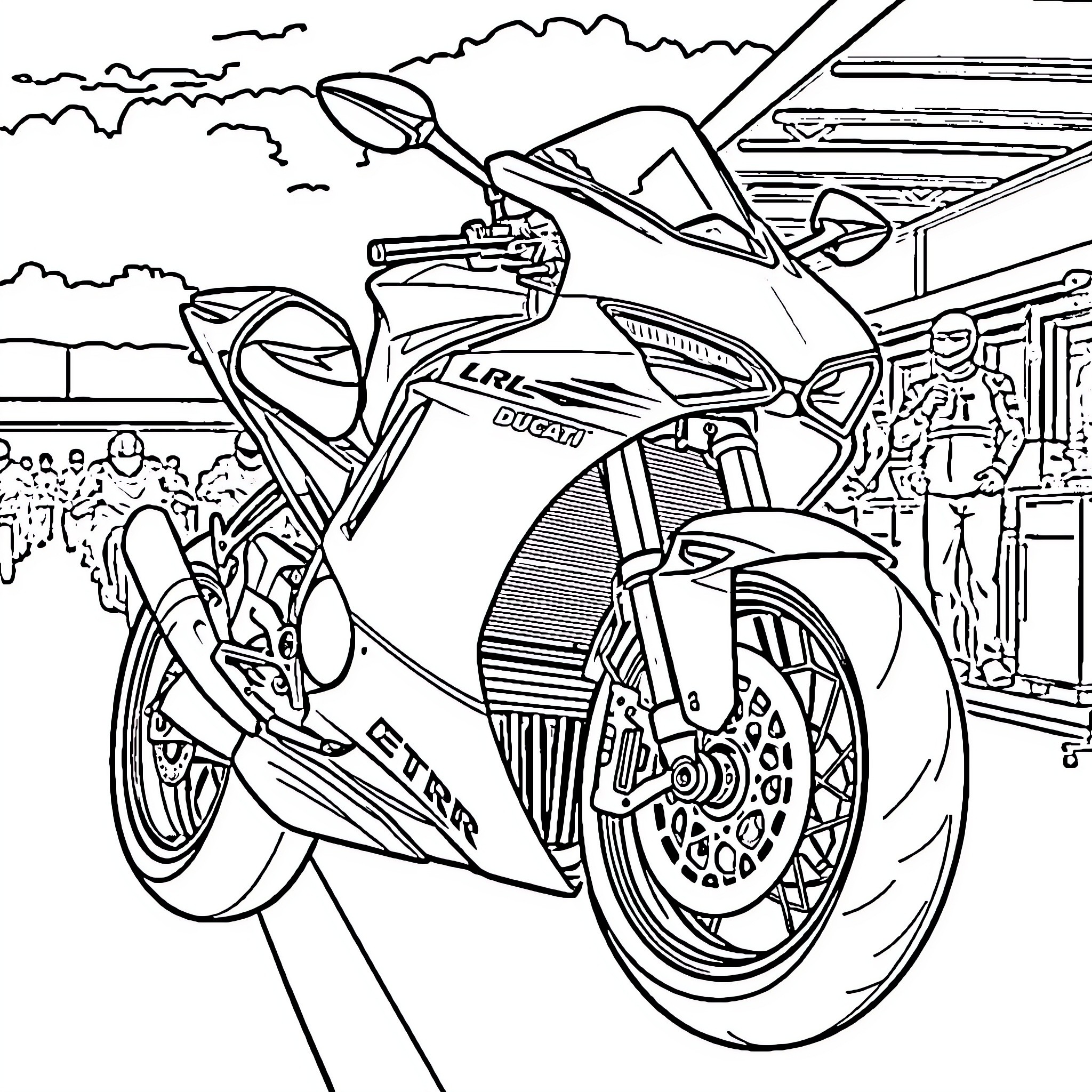 Ducati Superbike Racing on the Track Coloring Page (free black-and-white line drawing printable PDF for all, from beginners to advanced learners, including children, teens, adults, and seniors)