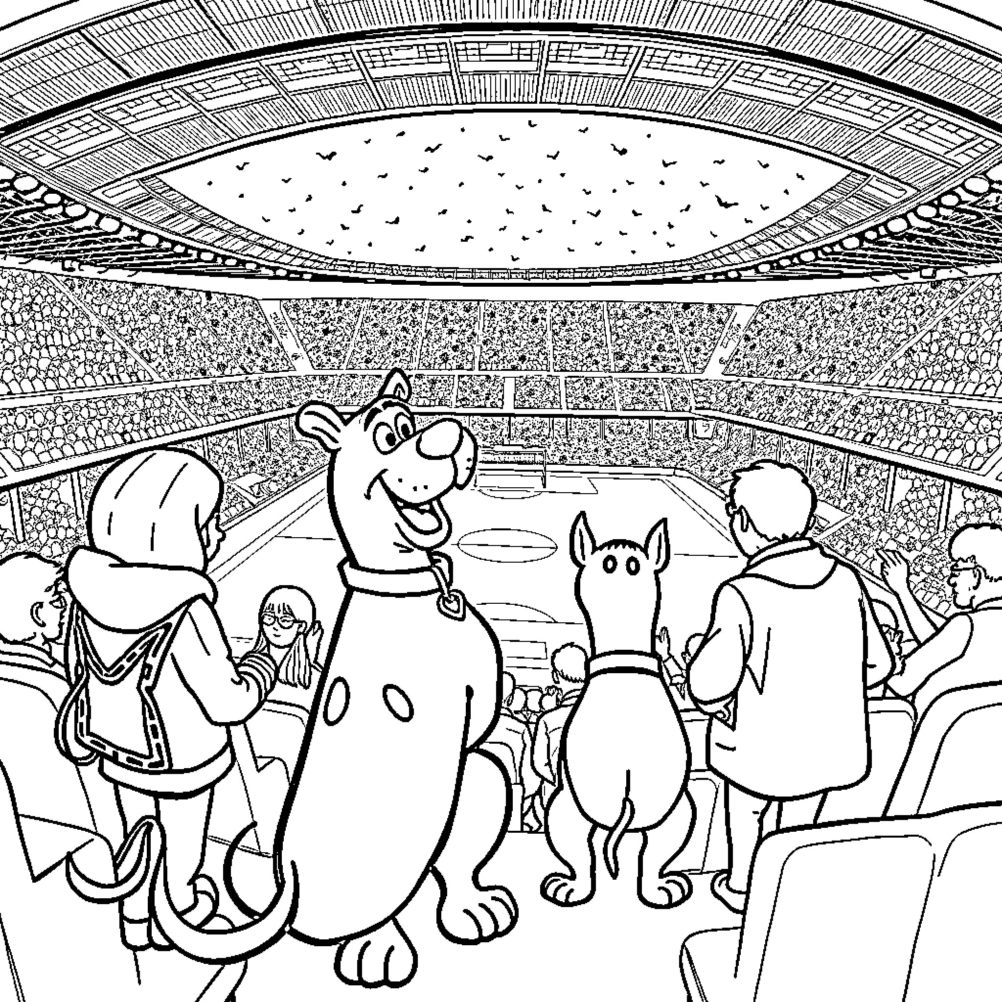 Scooby Doo and Friends Cheering at the Stadium Coloring Page (free black-and-white line drawing printable PDF for all, from beginners to advanced learners, including children, teens, adults, and seniors)