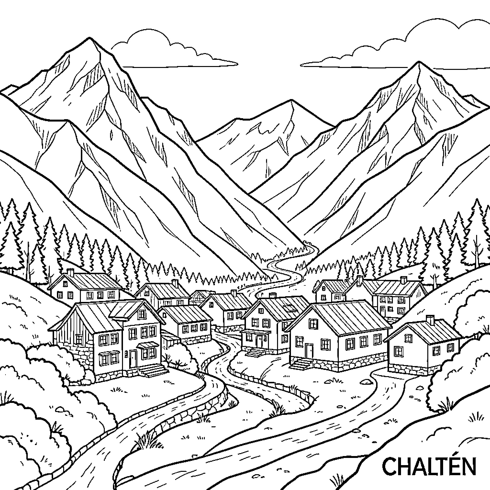 El Chalten: Picturesque Mountainous Landscape with Quaint Town Coloring Page (free black-and-white line drawing printable PDF for all, from beginners to advanced learners, including children, teens, adults, and seniors)