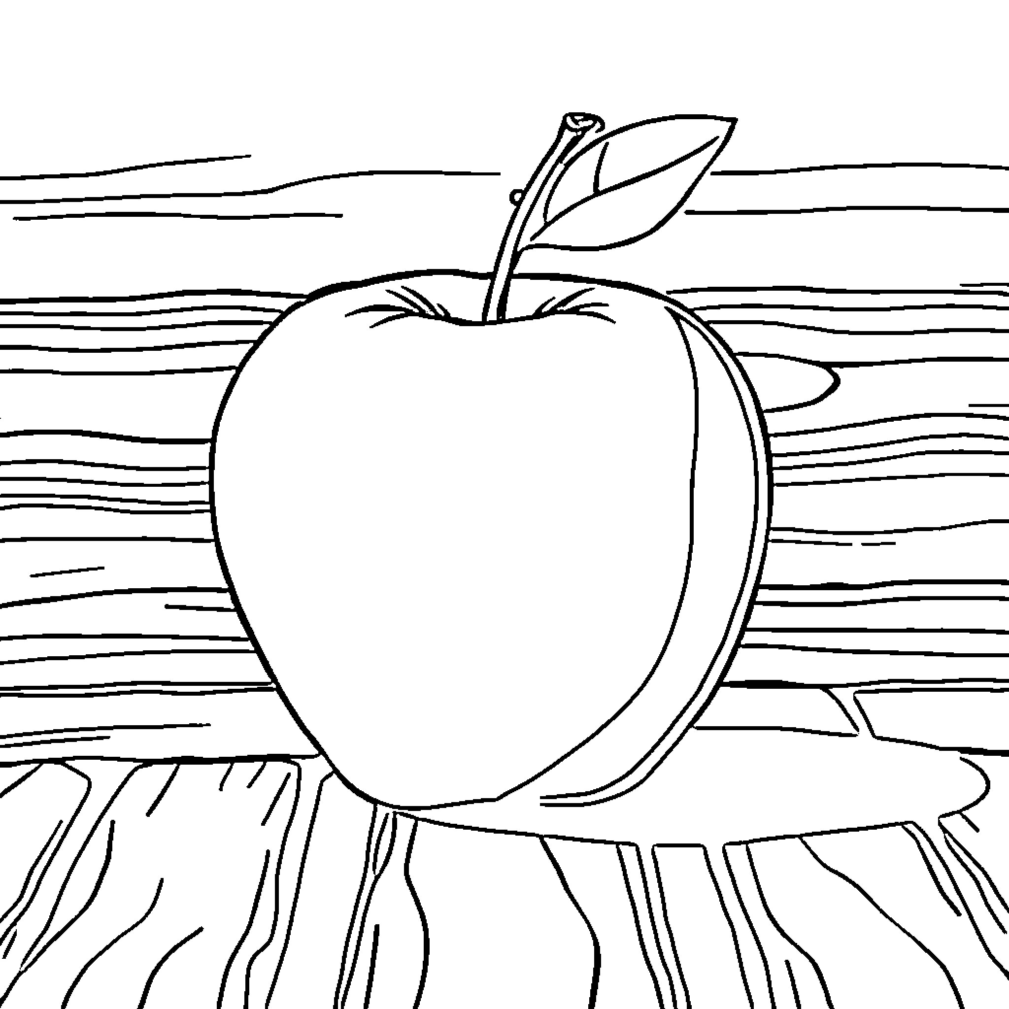 Apple on a wooden surface Coloring Page (free black-and-white line drawing printable PDF for all, from beginners to advanced learners, including children, teens, adults, and seniors)