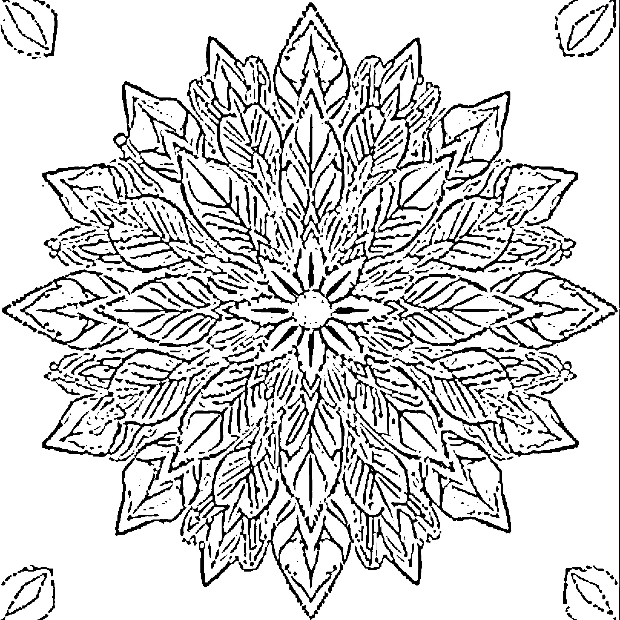 Mandala of Intricate Leaf Patterns Coloring Page (free black-and-white line drawing printable PDF for all, from beginners to advanced learners, including children, teens, adults, and seniors)