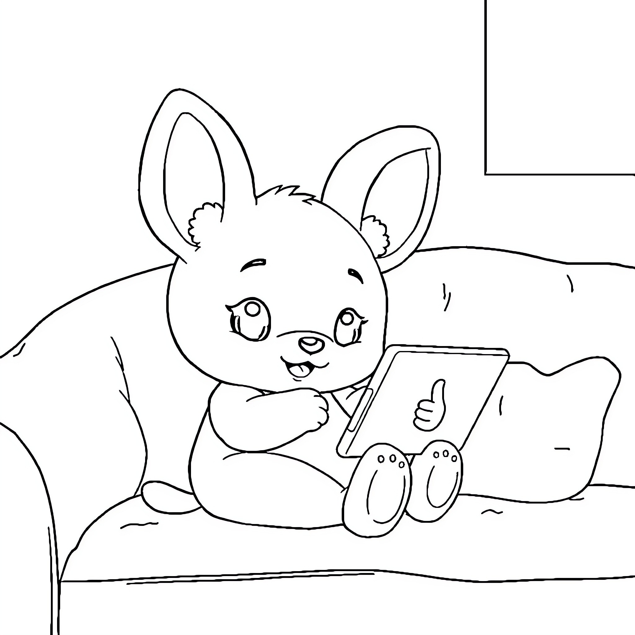 Cinnamoroll enjoying a digital device Coloring Page (free black-and-white line drawing printable PDF for all, from beginners to advanced learners, including children, teens, adults, and seniors)