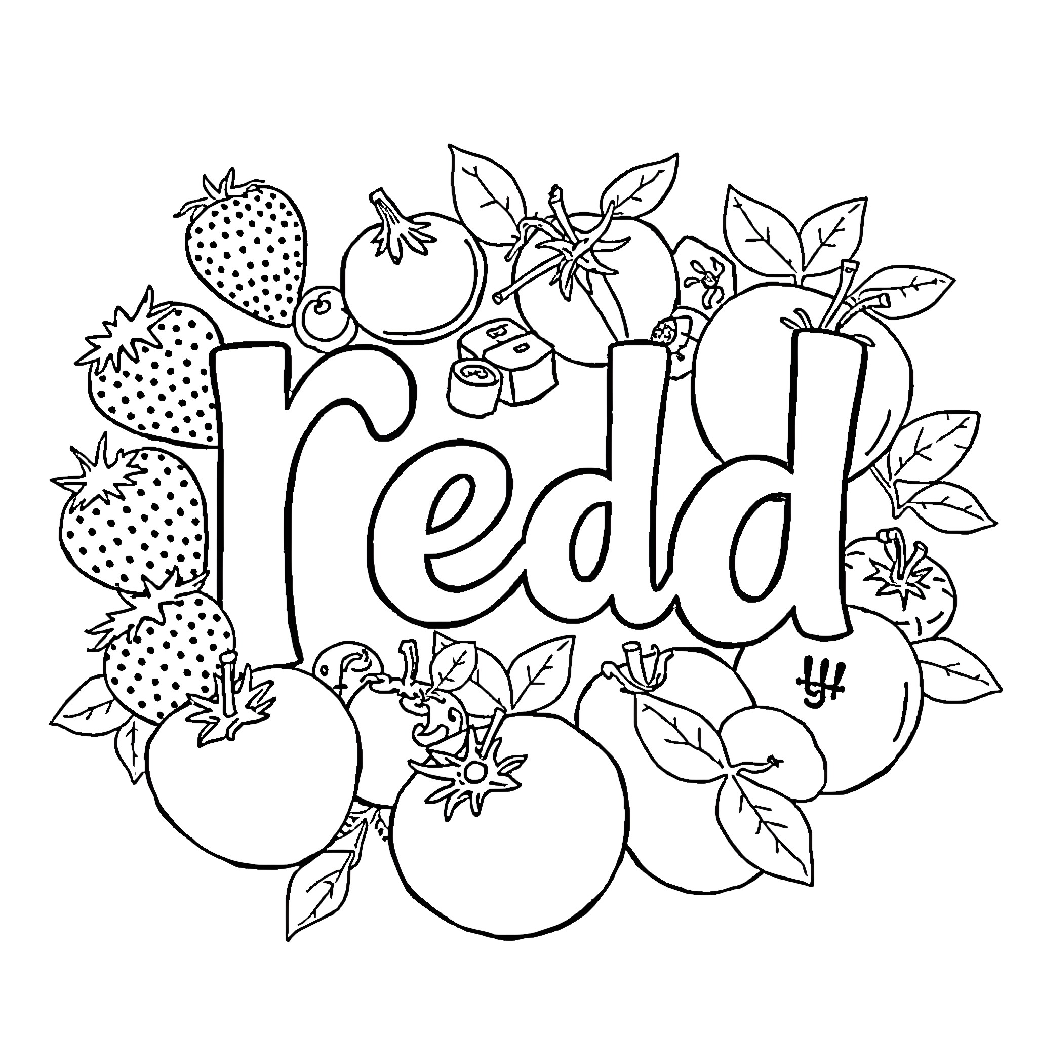 Red Fruits and Flowers Coloring Page Coloring Page (free black-and-white line drawing printable PDF for all, from beginners to advanced learners, including children, teens, adults, and seniors)