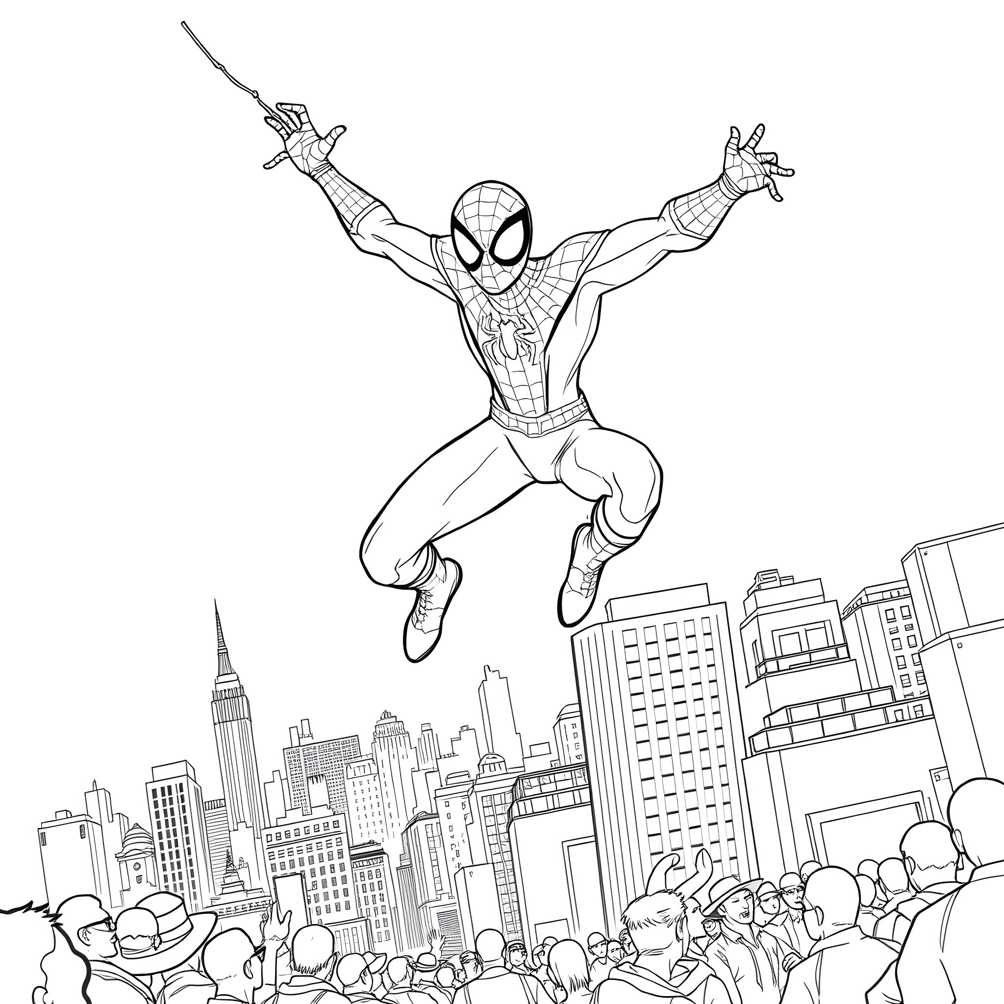 Spider-Man swinging heroically over the city skyline Coloring Page (free black-and-white line drawing printable PDF for all, from beginners to advanced learners, including children, teens, adults, and seniors)