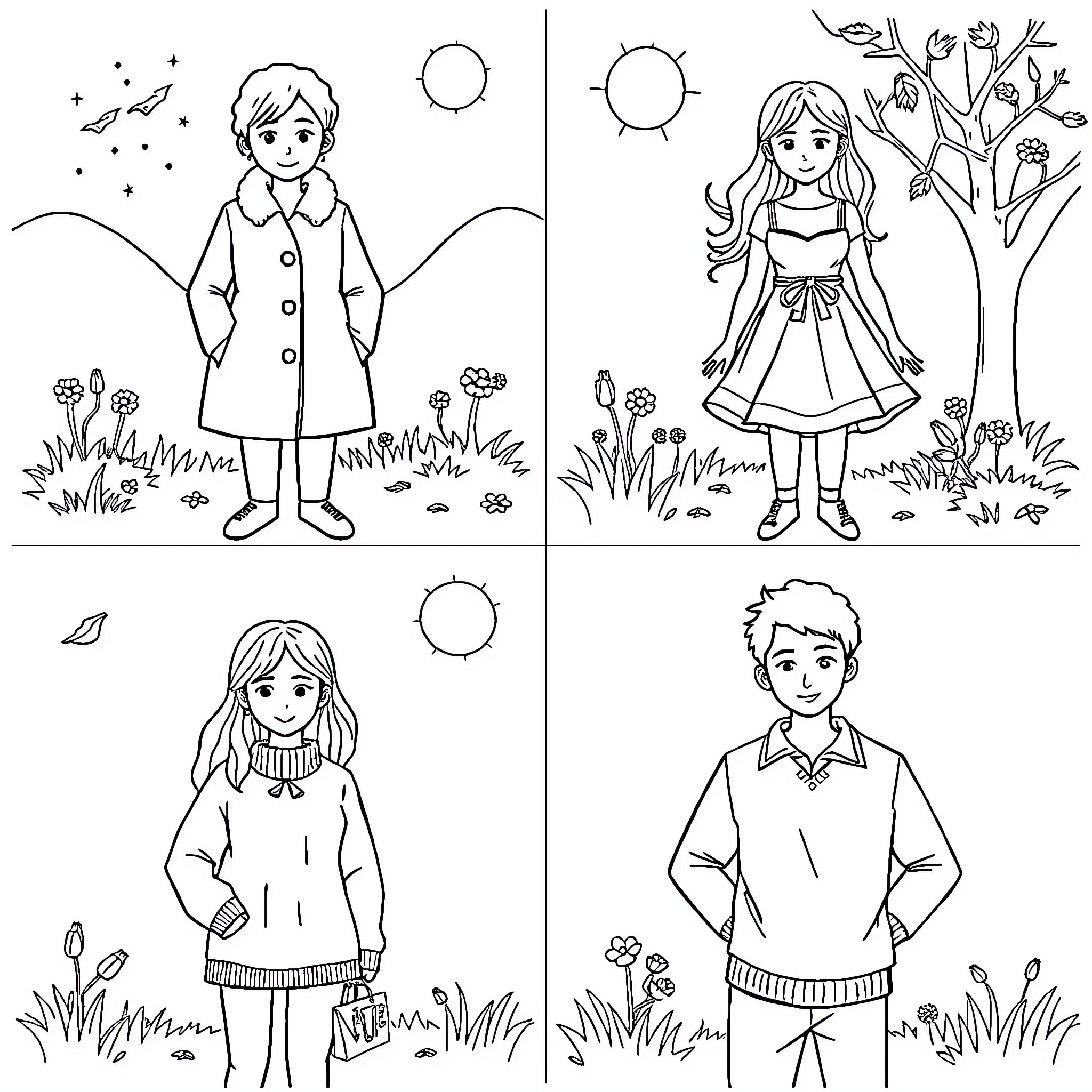 Seasons of Enchantment: Childhood Adventures Coloring Page (free black-and-white line drawing printable PDF for all, from beginners to advanced learners, including children, teens, adults, and seniors)