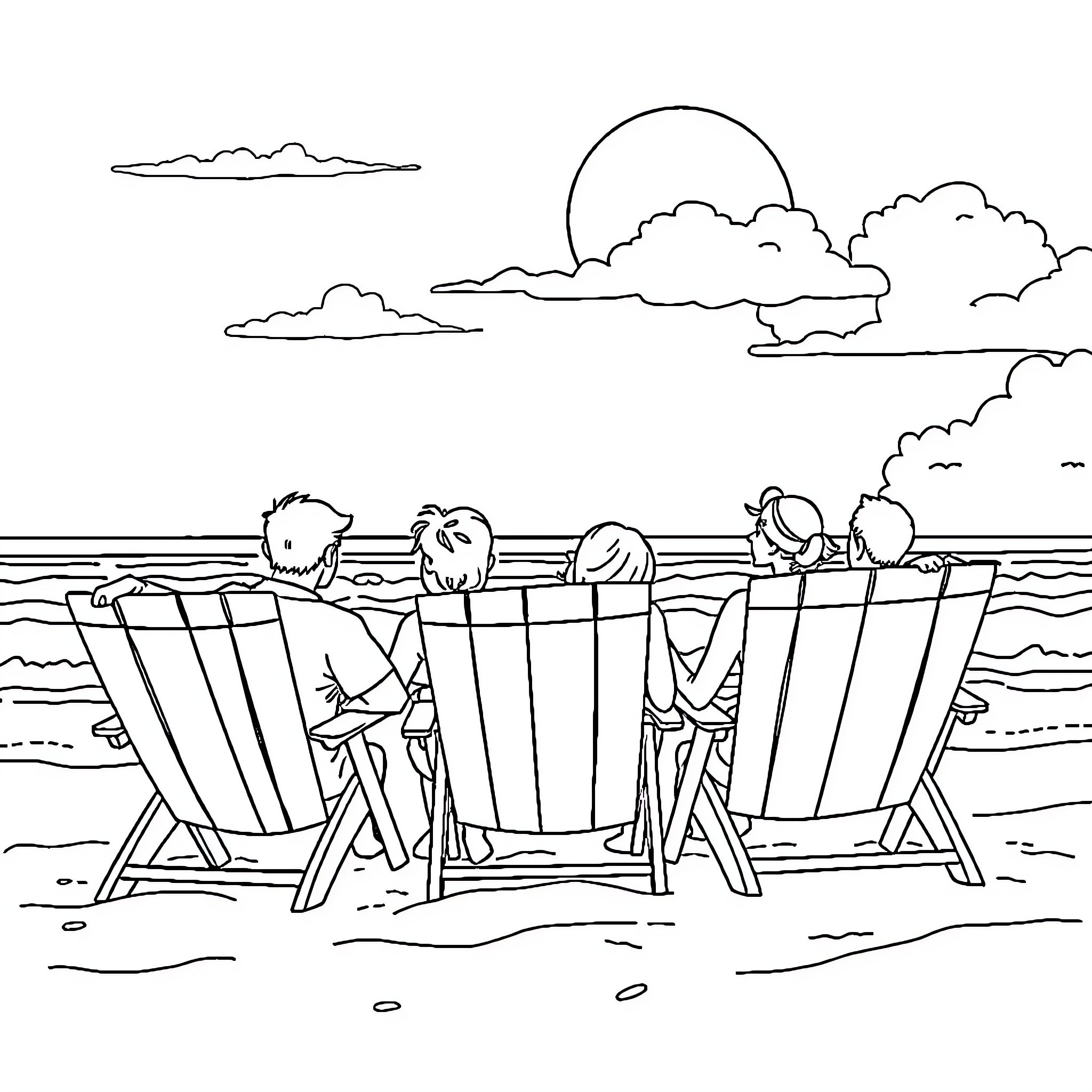 Family enjoying a peaceful day at the beach Coloring Page (free black-and-white line drawing printable PDF for all, from beginners to advanced learners, including children, teens, adults, and seniors)