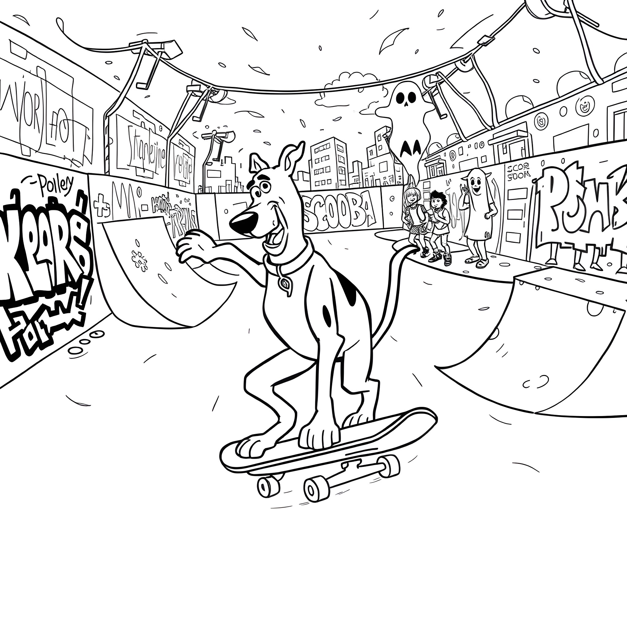 Scooby Doo's Skateboarding Adventure in the City Coloring Page (free black-and-white line drawing printable PDF for all, from beginners to advanced learners, including children, teens, adults, and seniors)