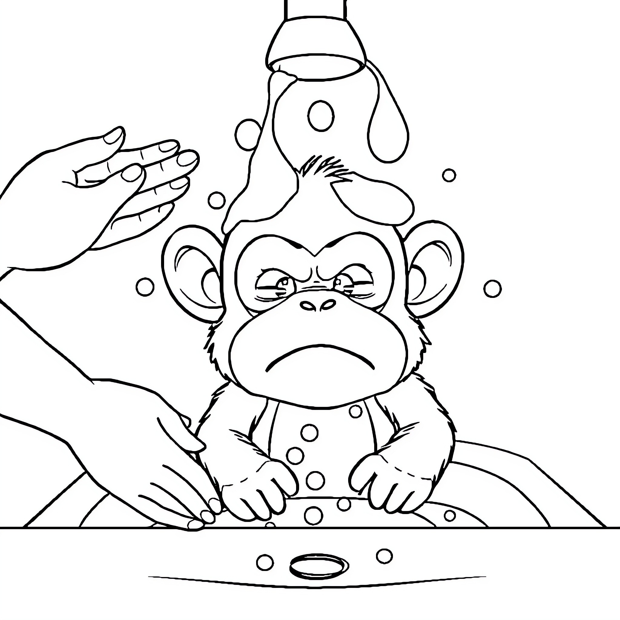 Monkey taking a relaxing bubble bath Coloring Page (free black-and-white line drawing printable PDF for all, from beginners to advanced learners, including children, teens, adults, and seniors)