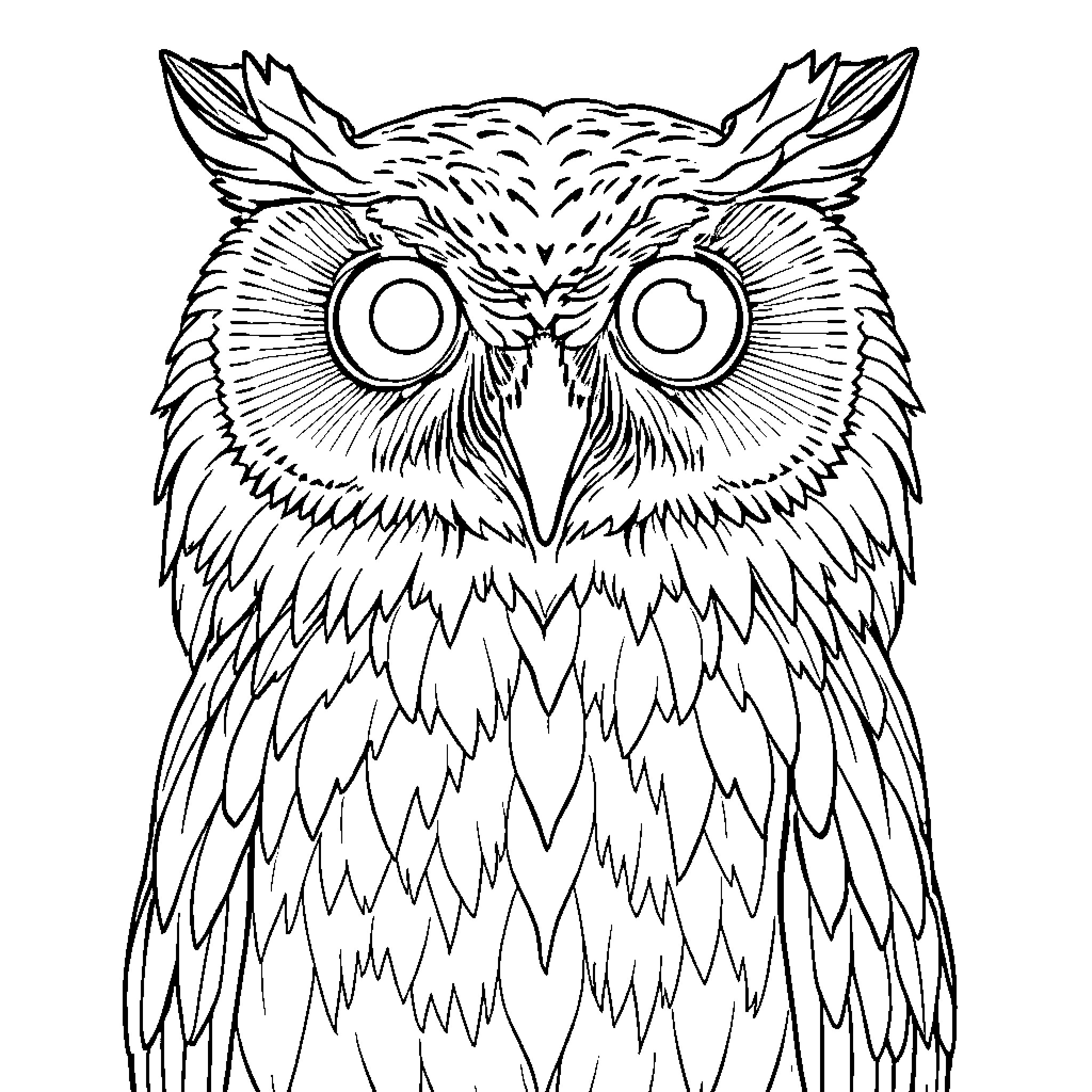 Owl with intricate feather patterns Coloring Page (free black-and-white line drawing printable PDF for all, from beginners to advanced learners, including children, teens, adults, and seniors)
