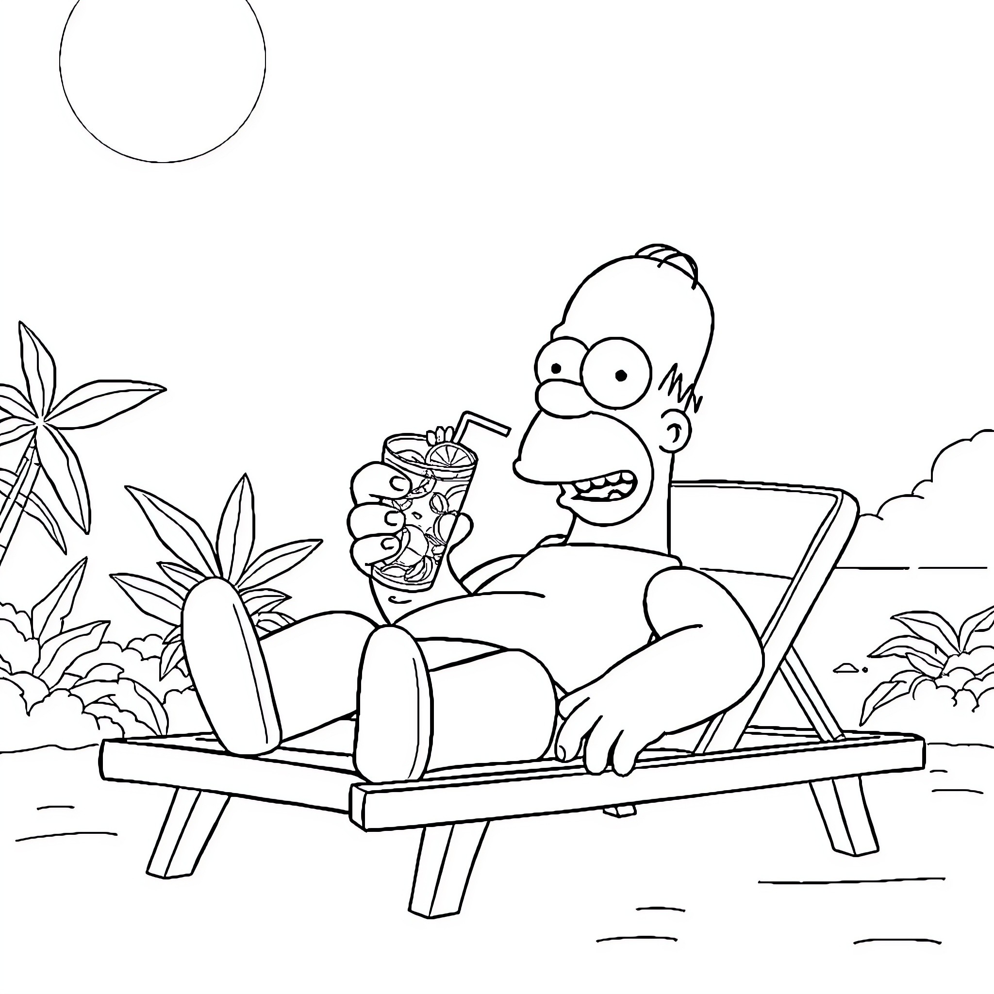 Homer Simpson relaxing on a beach chair with a tropical drink Coloring Page (free black-and-white line drawing printable PDF for all, from beginners to advanced learners, including children, teens, adults, and seniors)
