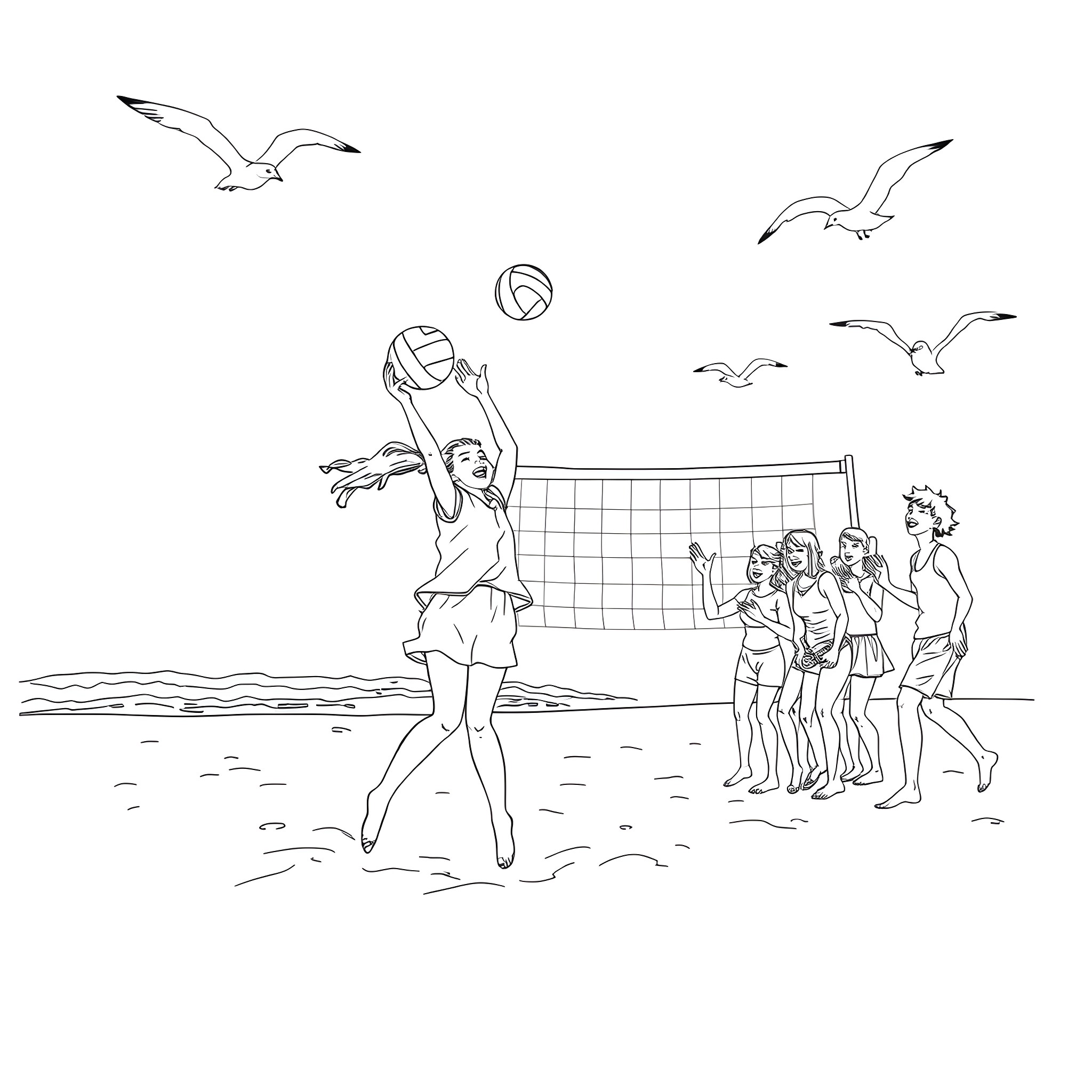 Girl playing volleyball on the beach with friends Coloring Page (free black-and-white line drawing printable PDF for all, from beginners to advanced learners, including children, teens, adults, and seniors)