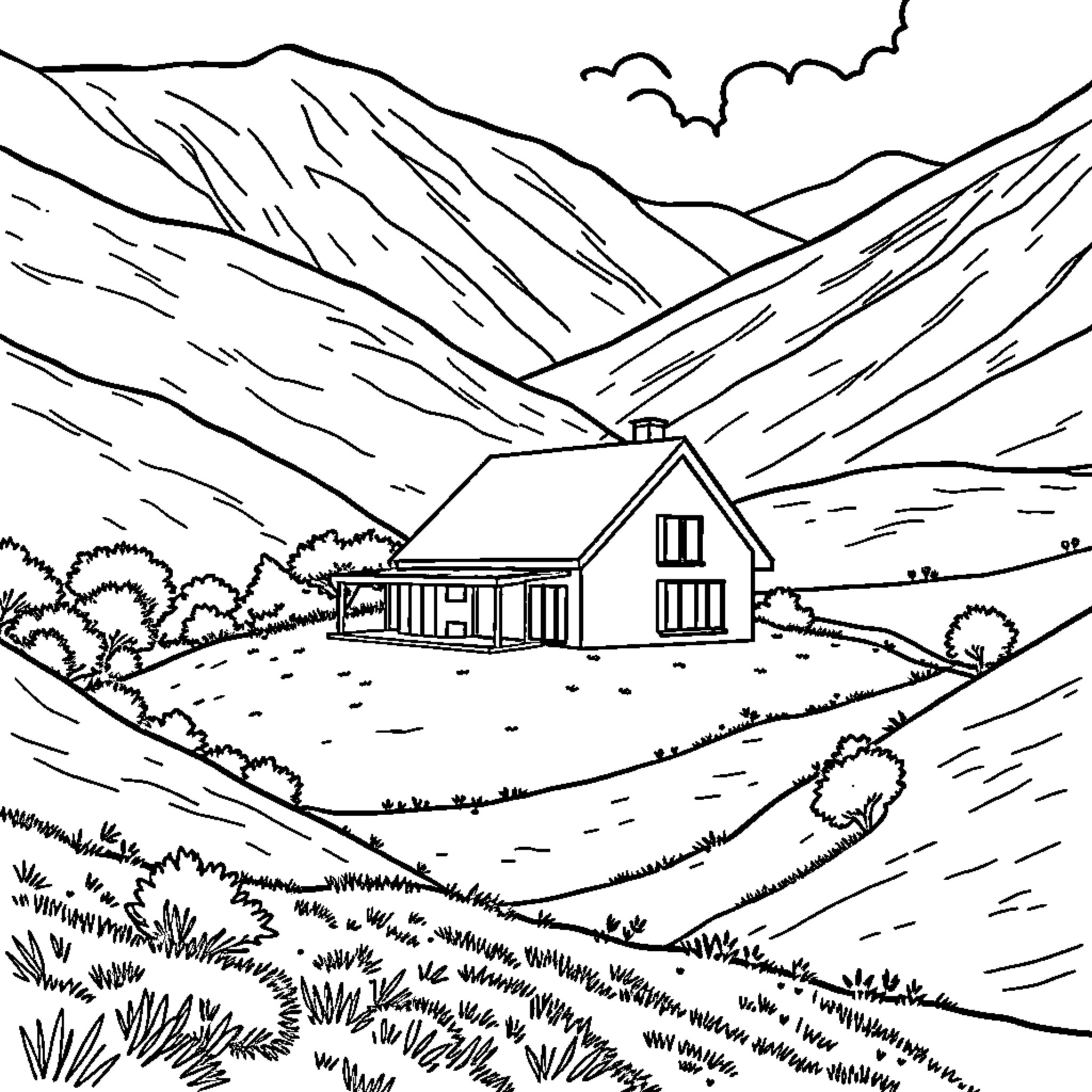 House with mountain landscape and cloudy sky Coloring Page (free black-and-white line drawing printable PDF for all, from beginners to advanced learners, including children, teens, adults, and seniors)