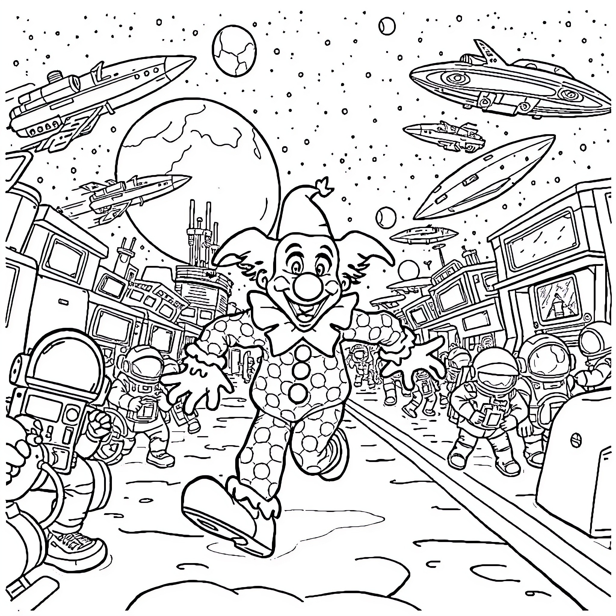 Clown in Whimsical Outer Space Adventure Coloring Page (free black-and-white line drawing printable PDF for all, from beginners to advanced learners, including children, teens, adults, and seniors)
