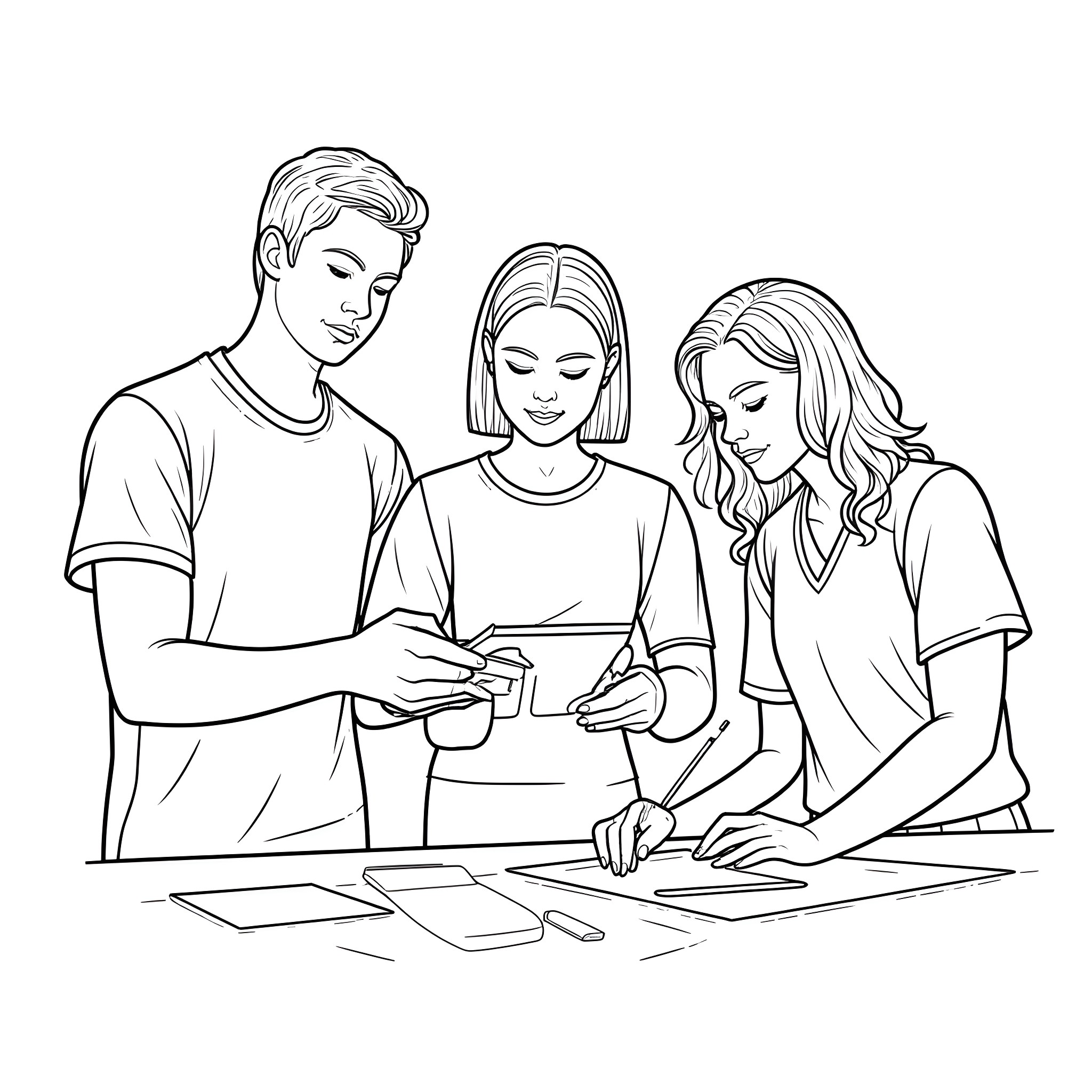 Florida Atlantic University students studying together Coloring Page (free black-and-white line drawing printable PDF for all, from beginners to advanced learners, including children, teens, adults, and seniors)