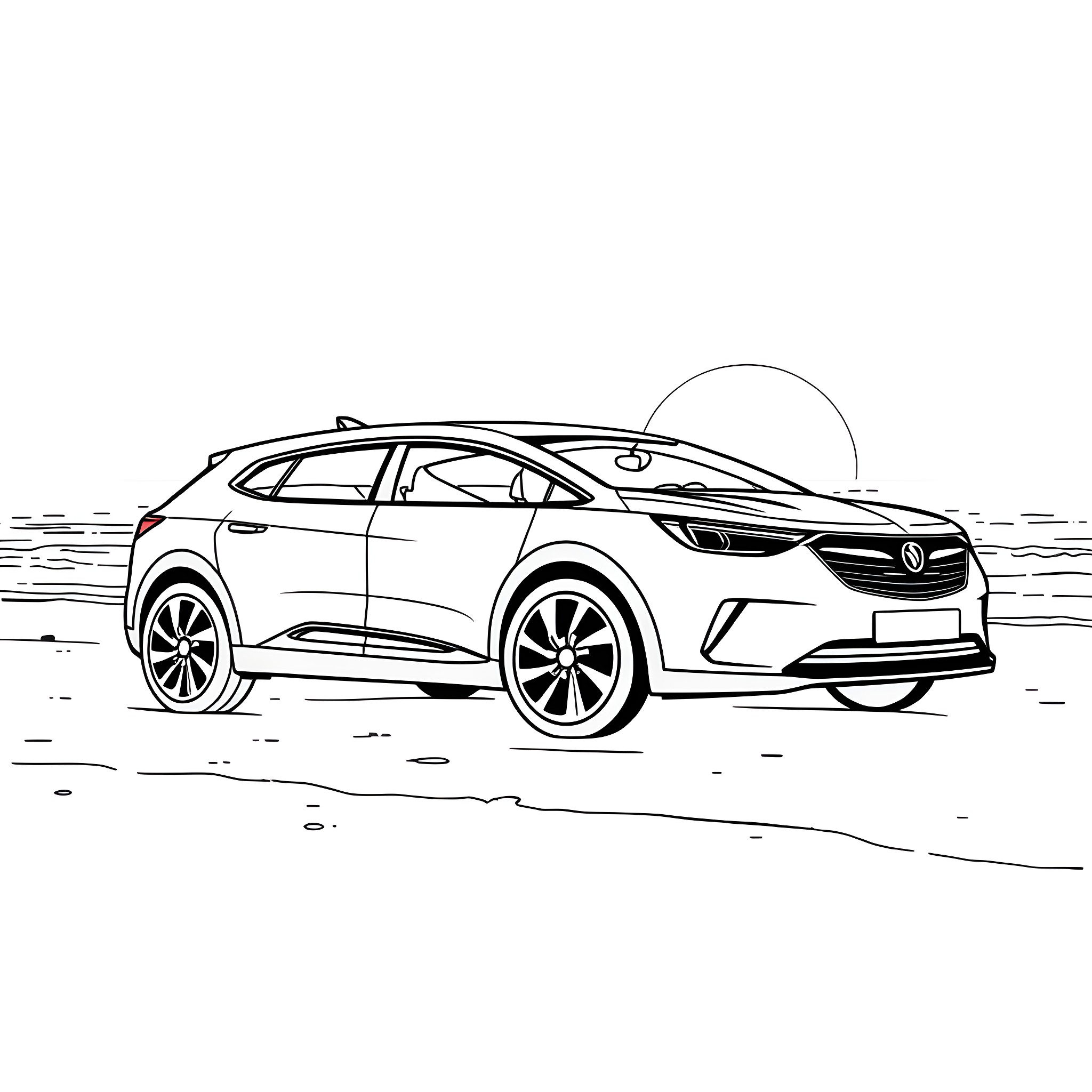 Car driving on the road in the countryside Coloring Page (free black-and-white line drawing printable PDF for all, from beginners to advanced learners, including children, teens, adults, and seniors)
