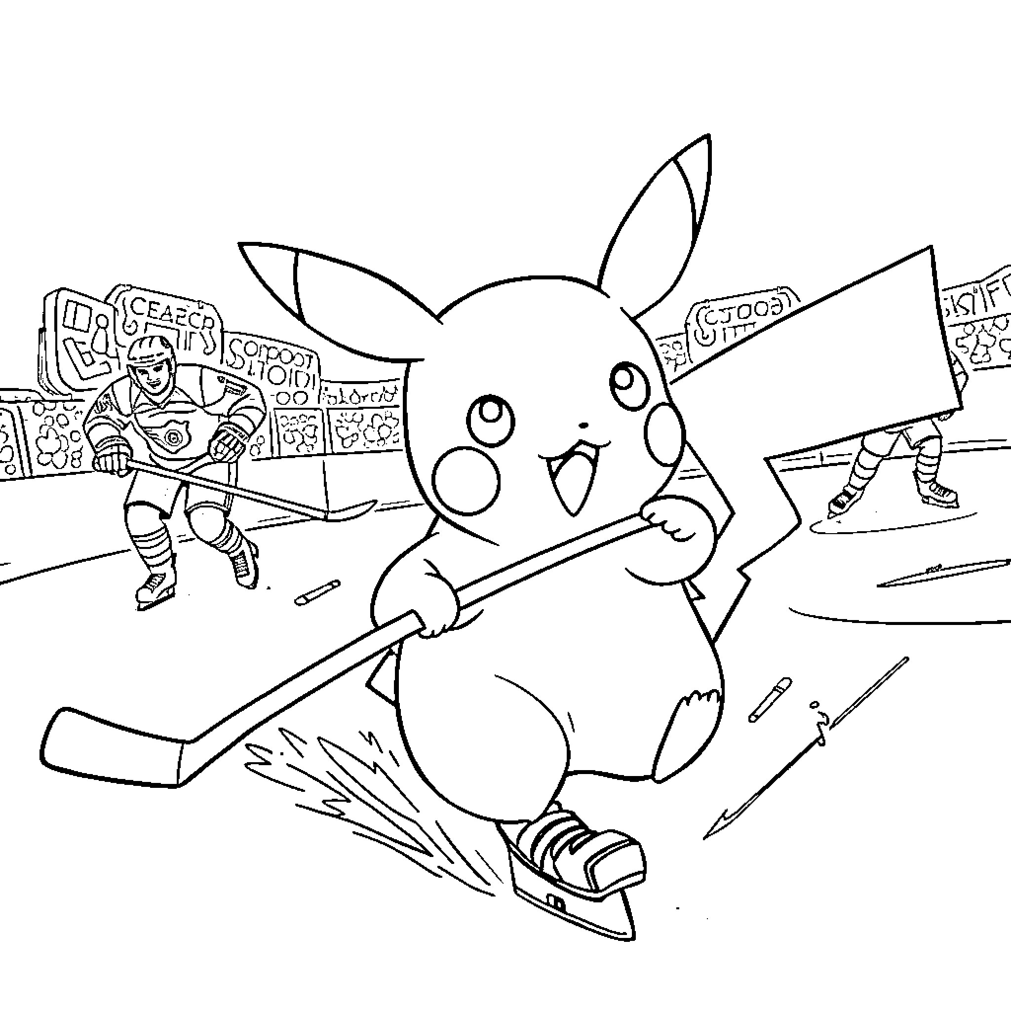 Pikachu Playing Hockey in Ice Rink Coloring Page (free black-and-white line drawing printable PDF for all, from beginners to advanced learners, including children, teens, adults, and seniors)
