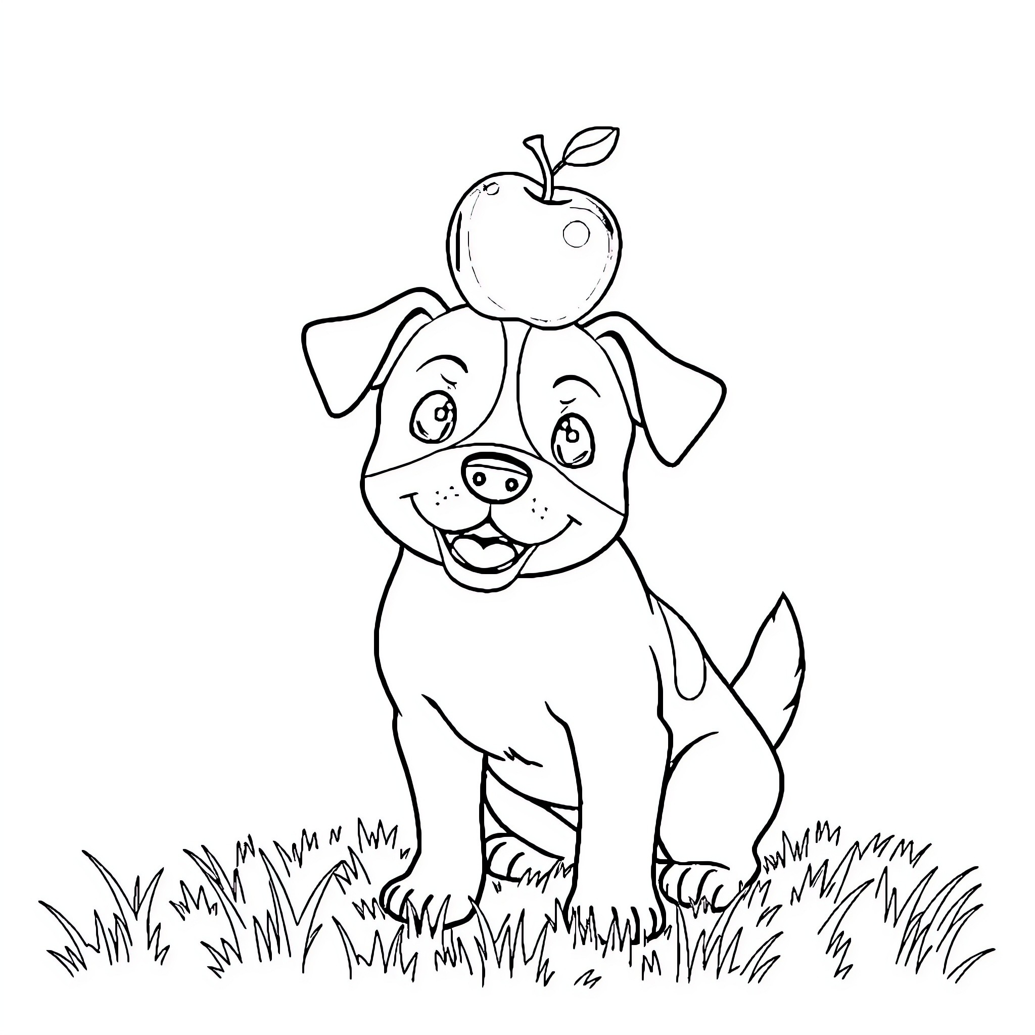 Dog with Apple on Head in Grassy Field Coloring Page (free black-and-white line drawing printable PDF for all, from beginners to advanced learners, including children, teens, adults, and seniors)