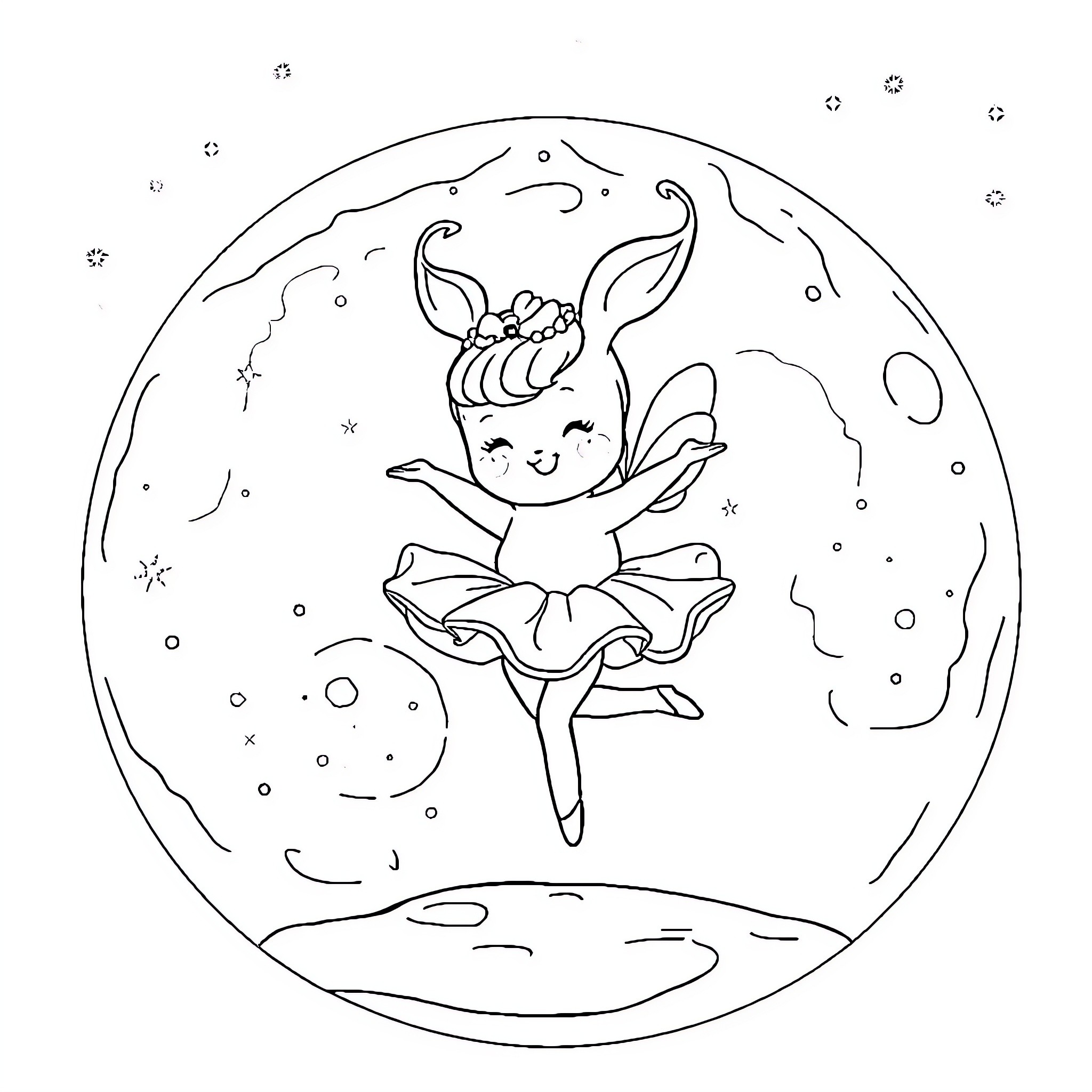 Cinnamoroll dancing gracefully in a magical night scene Coloring Page (free black-and-white line drawing printable PDF for all, from beginners to advanced learners, including children, teens, adults, and seniors)