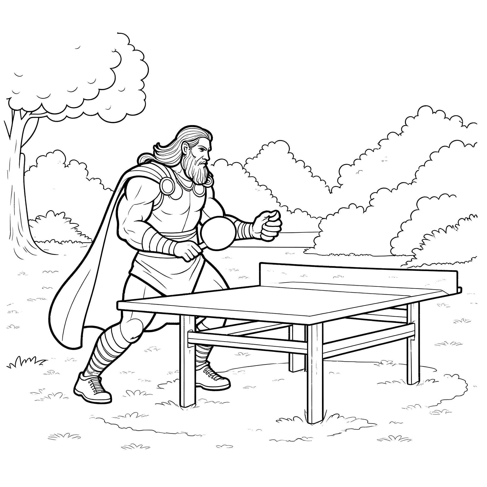 Thor playing table tennis in the park Coloring Page (free black-and-white line drawing printable PDF for all, from beginners to advanced learners, including children, teens, adults, and seniors)
