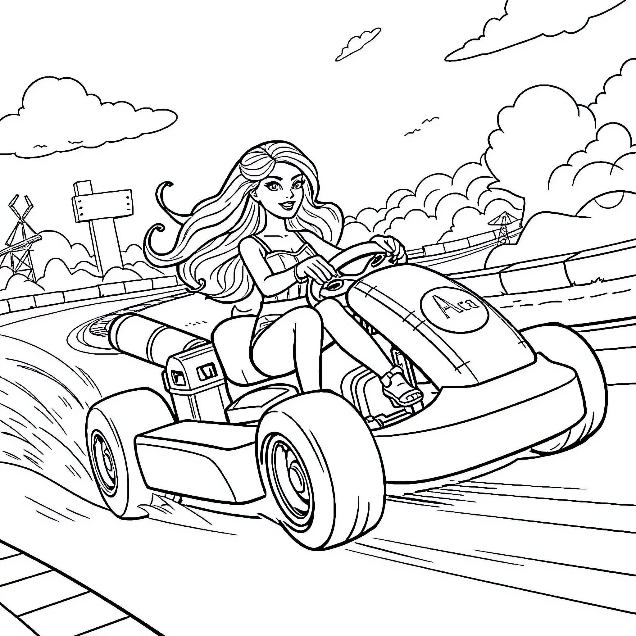 Barbie racing on the go-kart Coloring Page (free black-and-white line drawing printable PDF for all, from beginners to advanced learners, including children, teens, adults, and seniors)