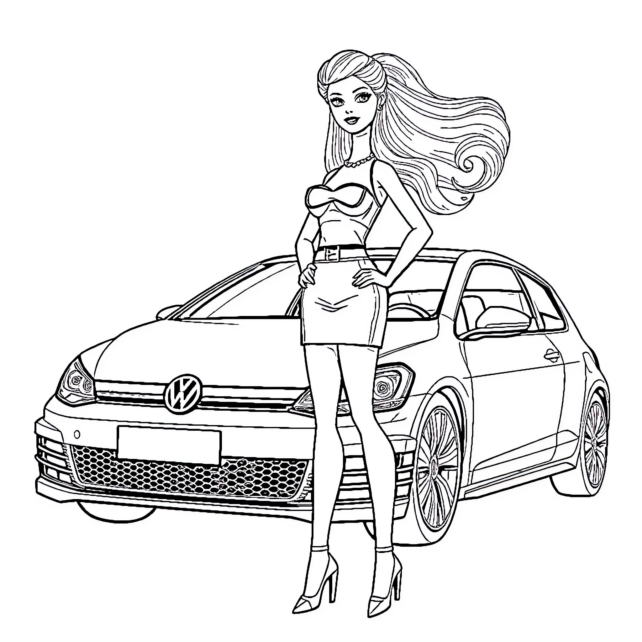Barbie posing confidently next to stylish car Coloring Page (free black-and-white line drawing printable PDF for all, from beginners to advanced learners, including children, teens, adults, and seniors)