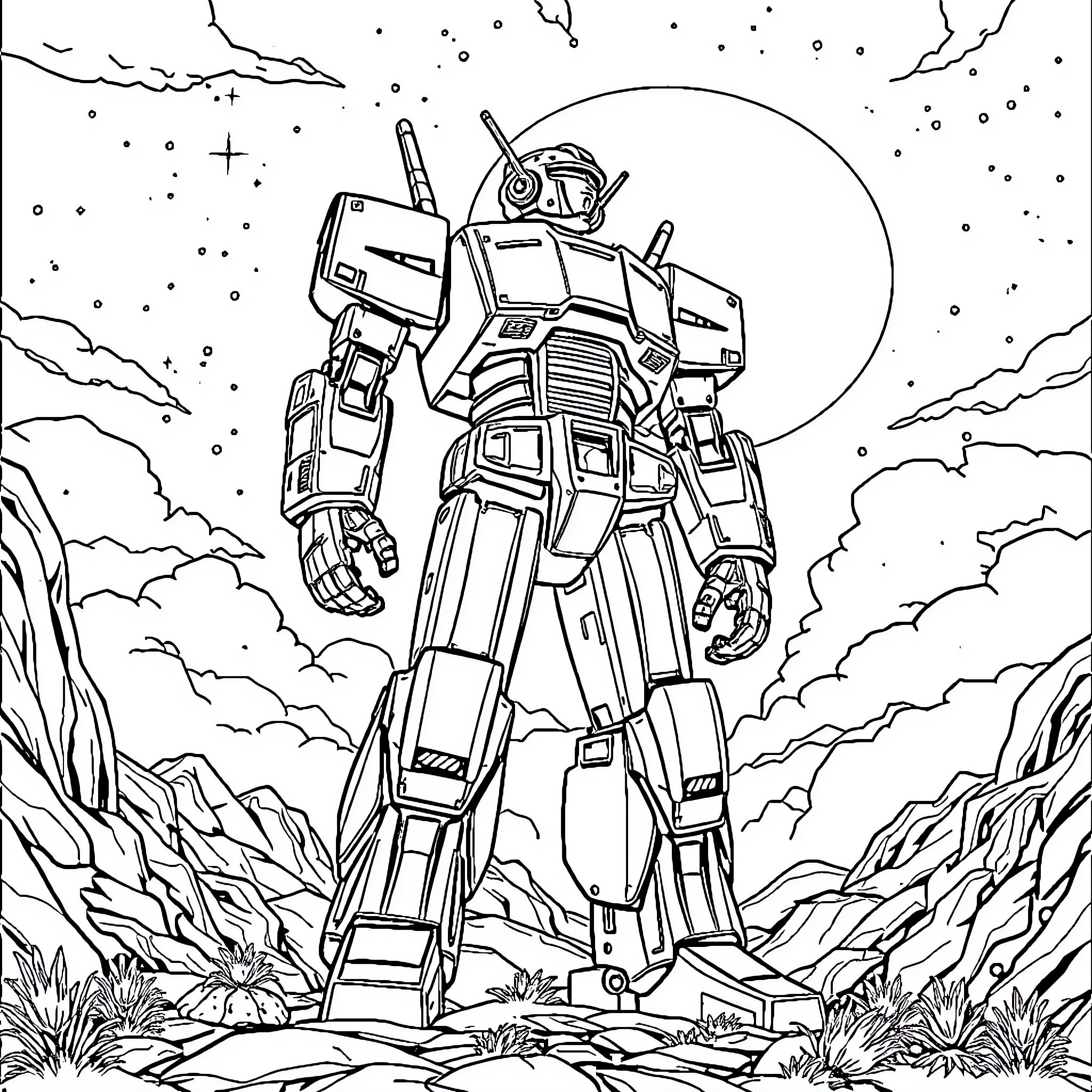 Iron Giant Towering Over Rugged Landscape Coloring Page (free black-and-white line drawing printable PDF for all, from beginners to advanced learners, including children, teens, adults, and seniors)