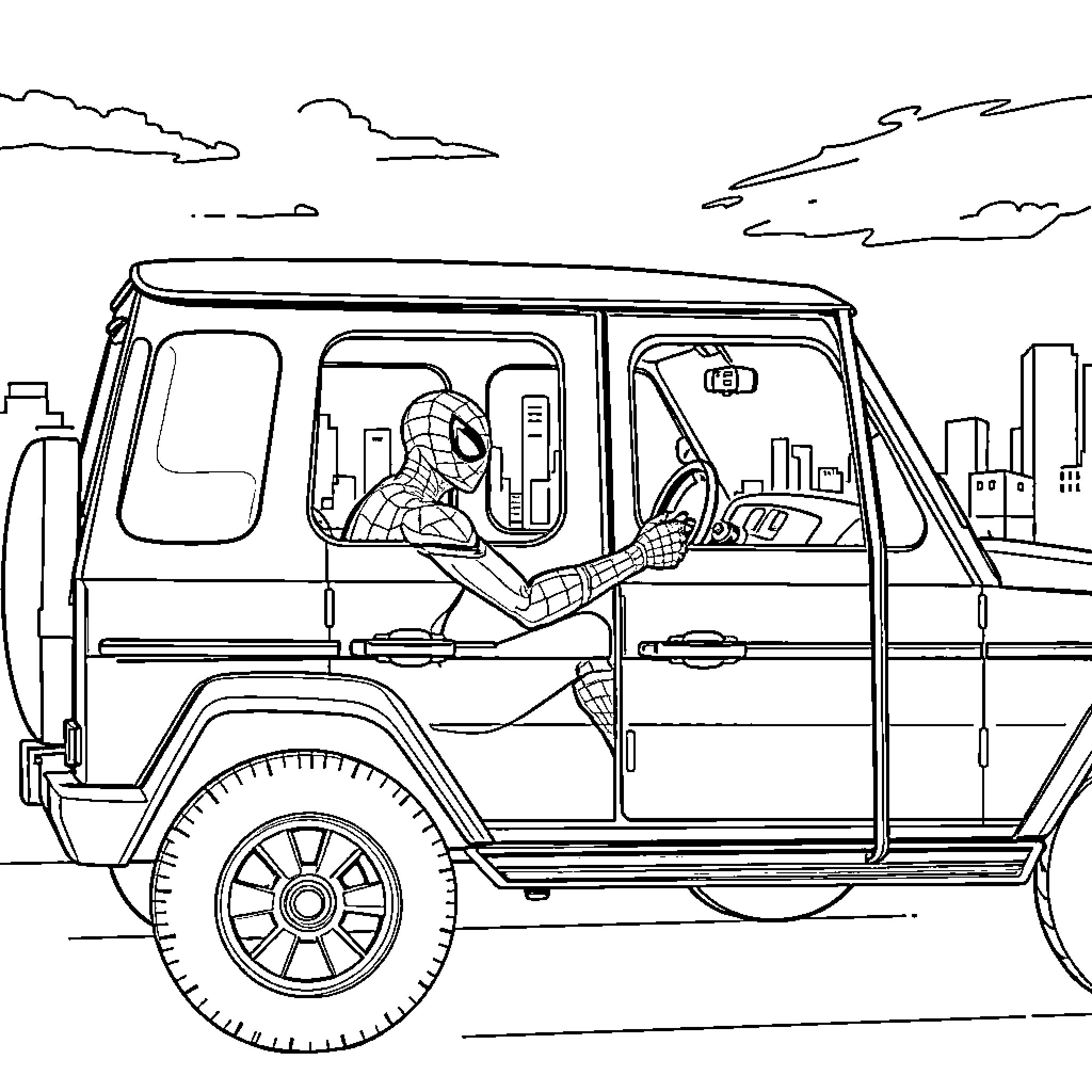 Spiderman drives a jeep through the city Coloring Page (free black-and-white line drawing printable PDF for all, from beginners to advanced learners, including children, teens, adults, and seniors)