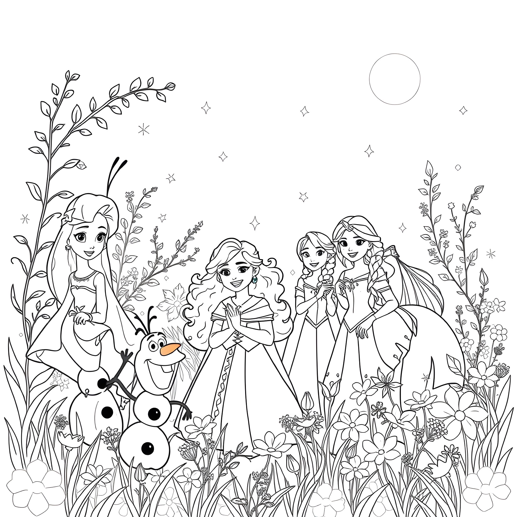 Princess Elsa, Anna, and friends in a magical garden Coloring Page (free black-and-white line drawing printable PDF for all, from beginners to advanced learners, including children, teens, adults, and seniors)