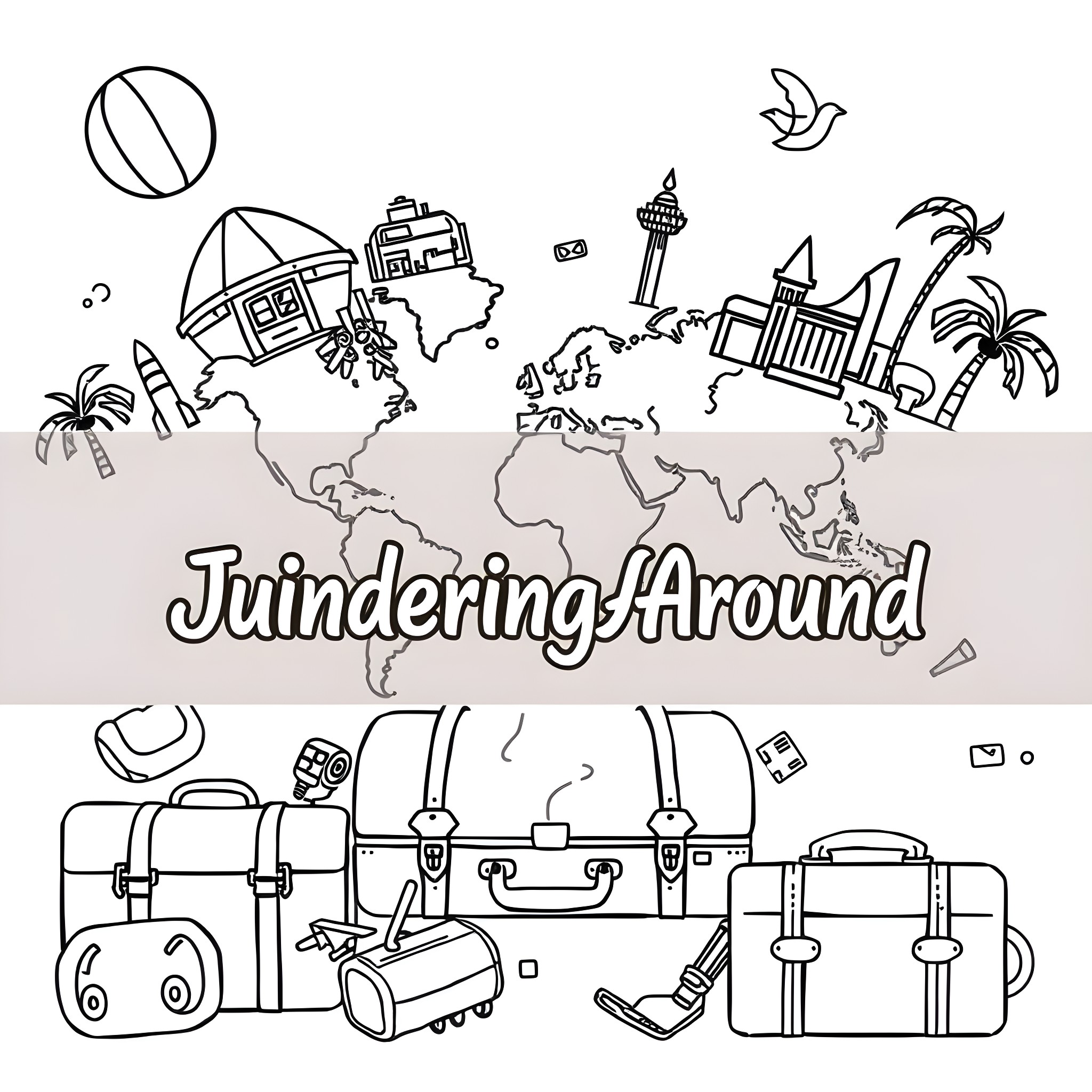 Jua Traveling Around the World Coloring Page (free black-and-white line drawing printable PDF for all, from beginners to advanced learners, including children, teens, adults, and seniors)