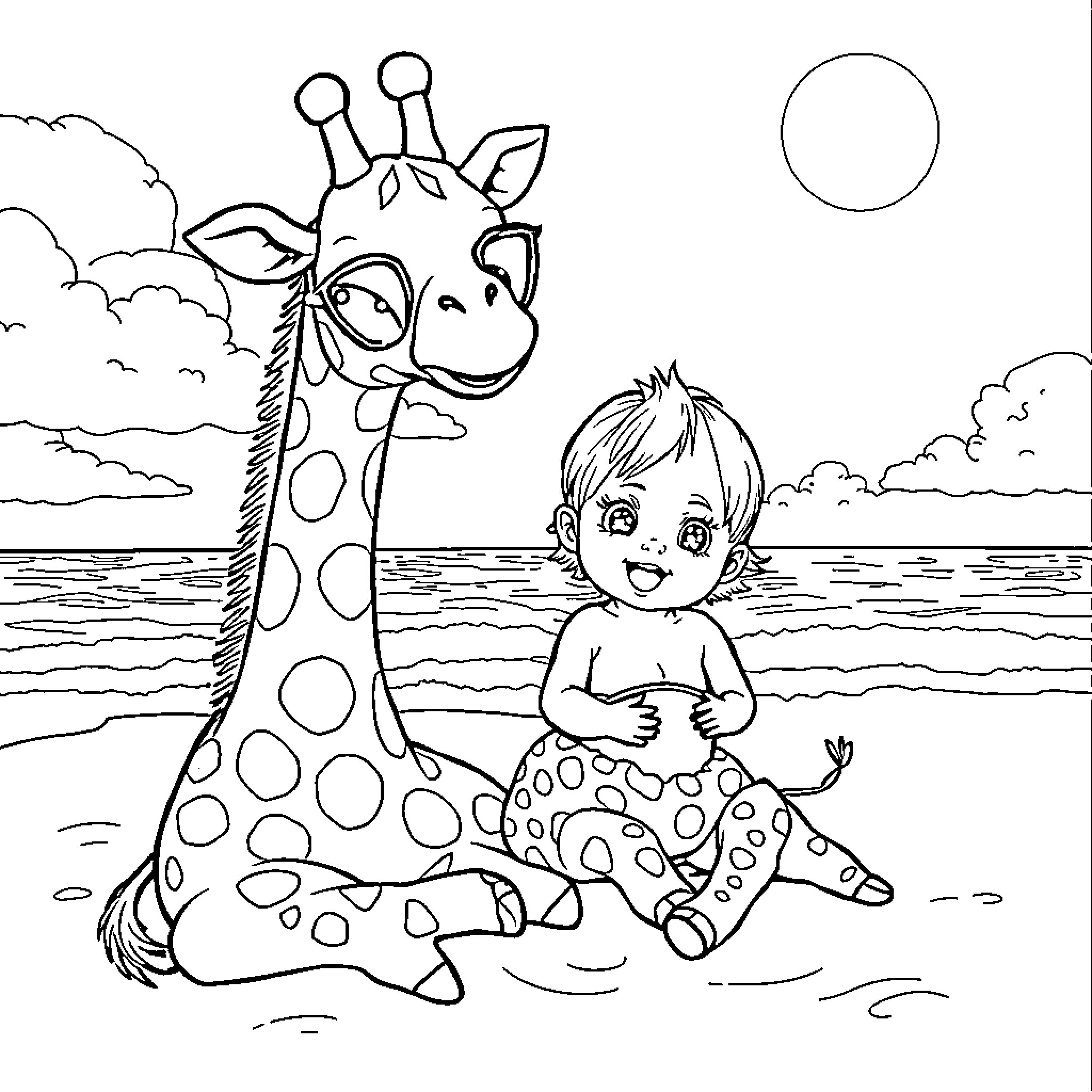 Baby playing with friendly giraffe on beach Coloring Page (free black-and-white line drawing printable PDF for all, from beginners to advanced learners, including children, teens, adults, and seniors)