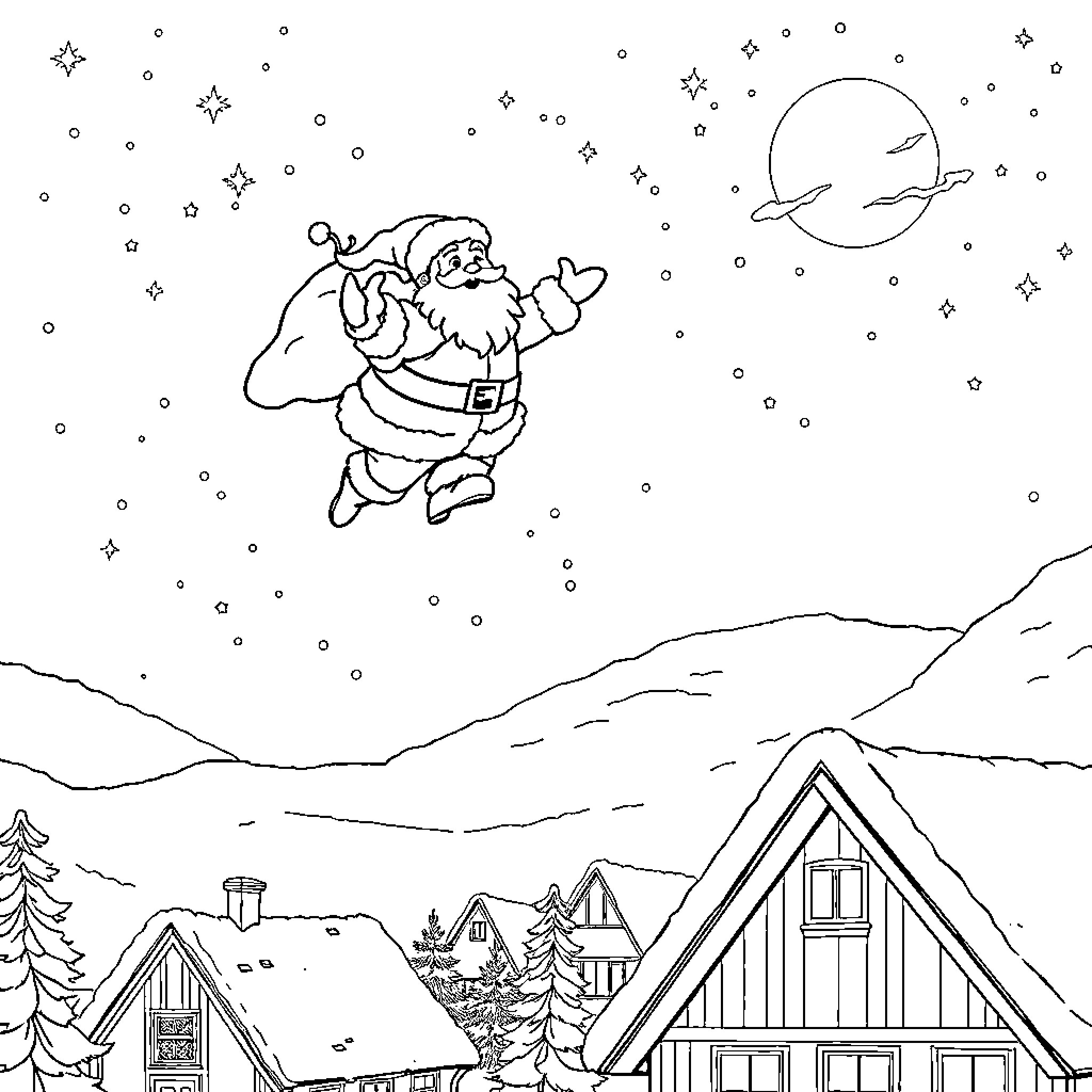Santa Claus flying joyfully over a snowy winter landscape Coloring Page (free black-and-white line drawing printable PDF for all, from beginners to advanced learners, including children, teens, adults, and seniors)