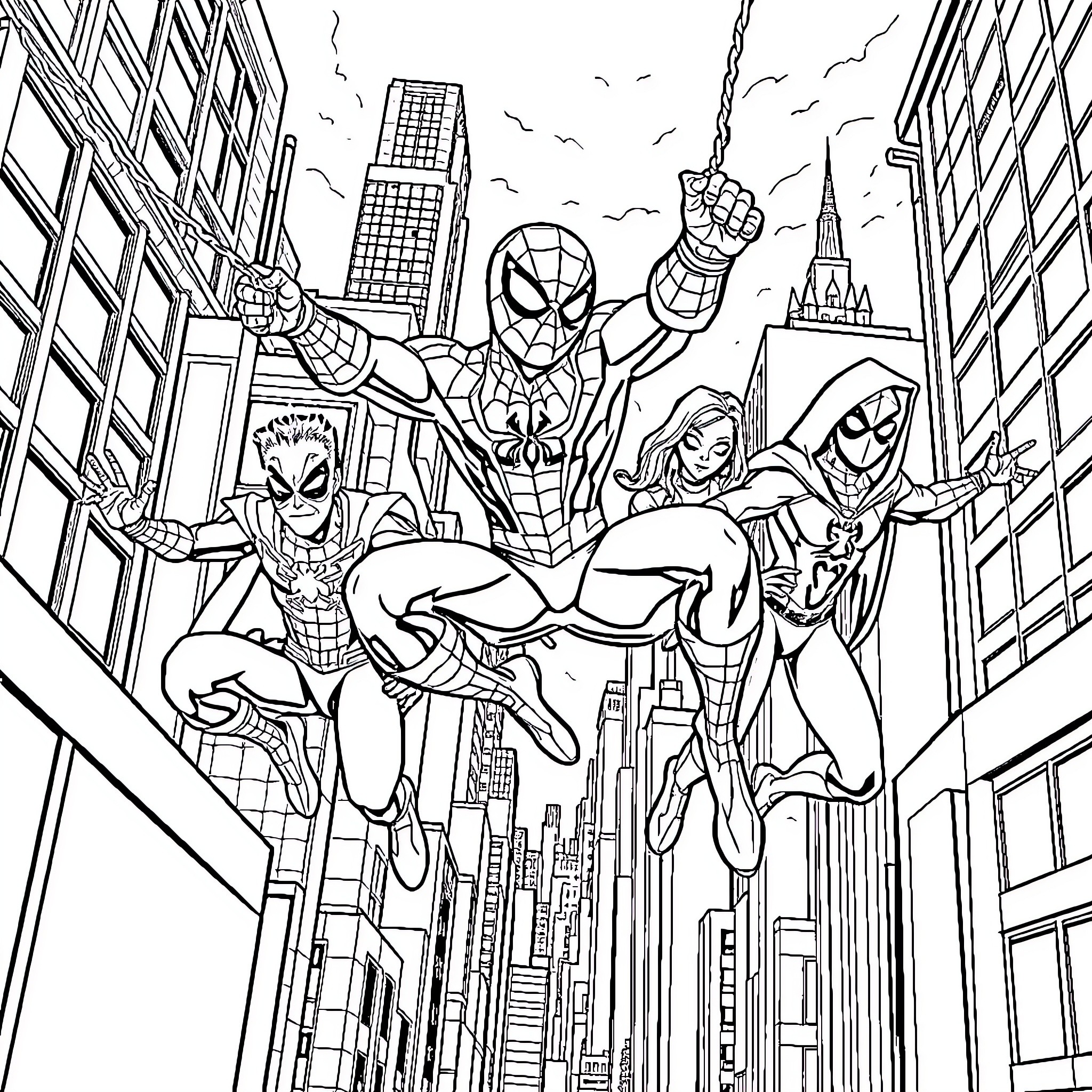 Spider-Man and allies heroically swinging through the city Coloring Page (free black-and-white line drawing printable PDF for all, from beginners to advanced learners, including children, teens, adults, and seniors)