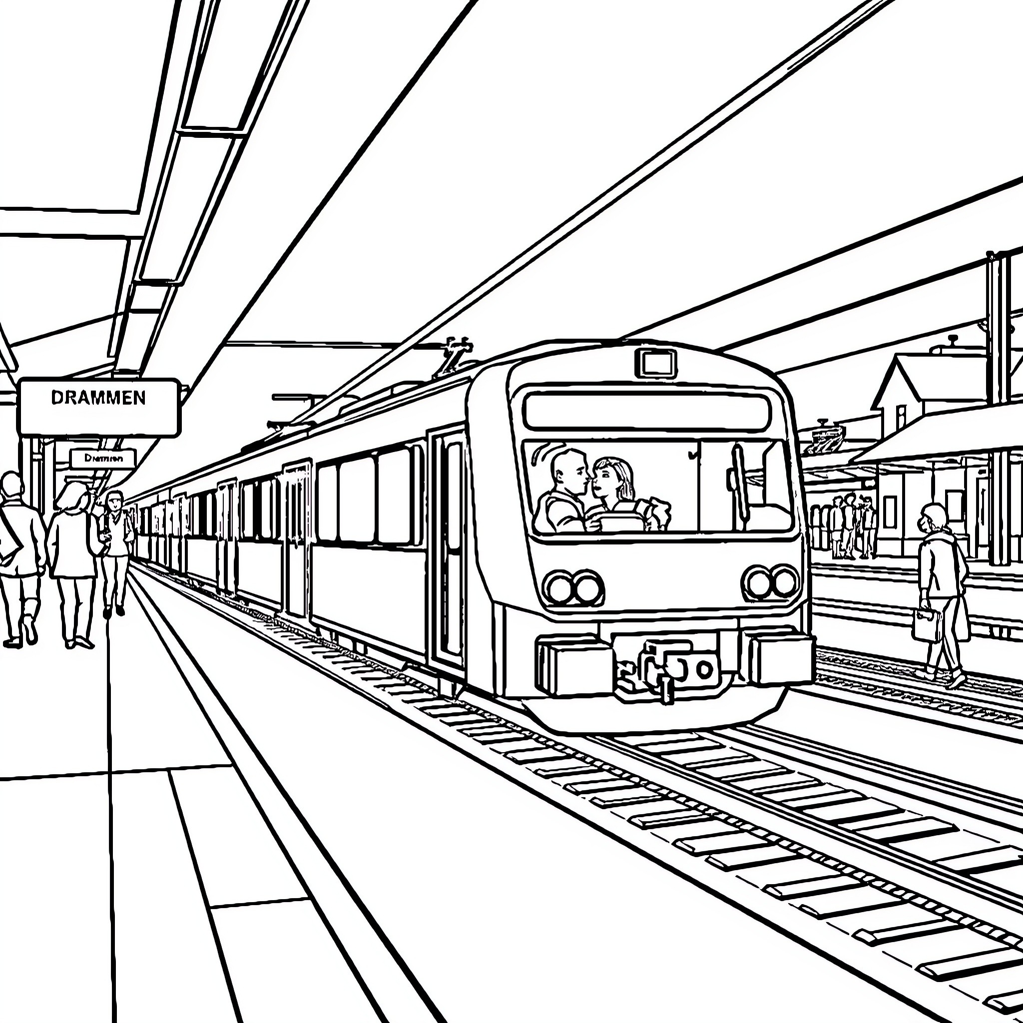 Train passengers waiting at a train station platform Coloring Page (free black-and-white line drawing printable PDF for all, from beginners to advanced learners, including children, teens, adults, and seniors)