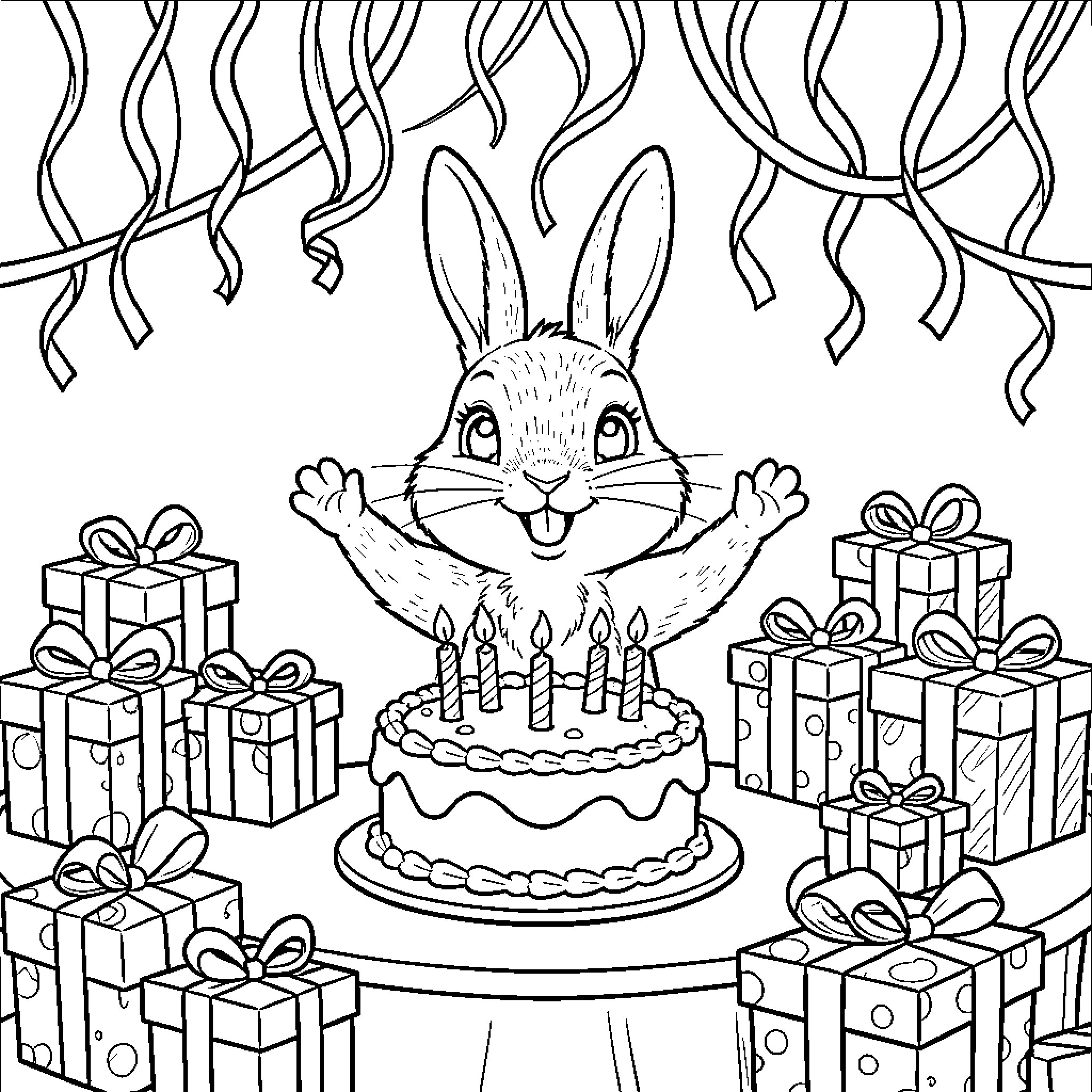 Peter Rabbit celebrating a birthday with cake and gifts Coloring Page (free black-and-white line drawing printable PDF for all, from beginners to advanced learners, including children, teens, adults, and seniors)
