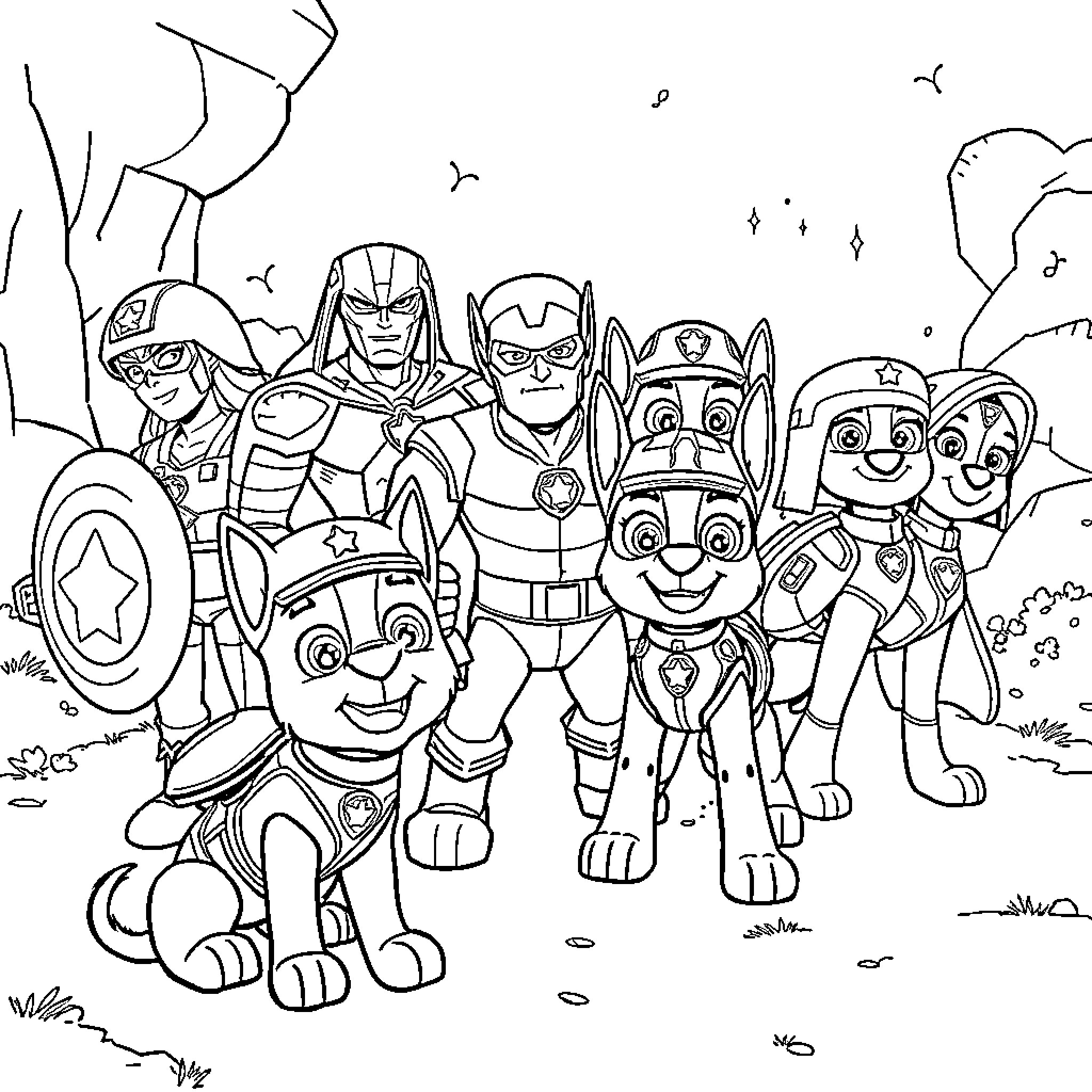 Avengers assemble for a heroic adventure Coloring Page (free black-and-white line drawing printable PDF for all, from beginners to advanced learners, including children, teens, adults, and seniors)