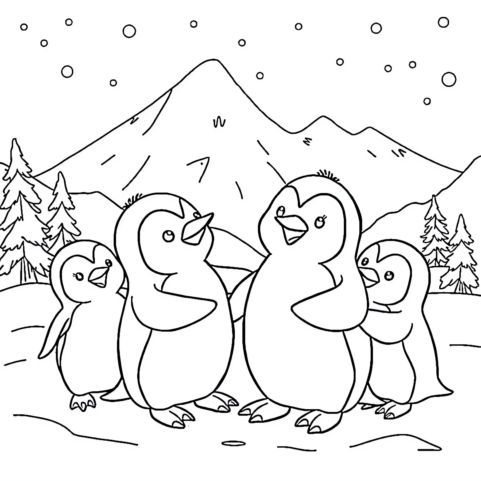 Pango Penguins Frolicking in Winter Wonderland Coloring Page (free black-and-white line drawing printable PDF for all, from beginners to advanced learners, including children, teens, adults, and seniors)
