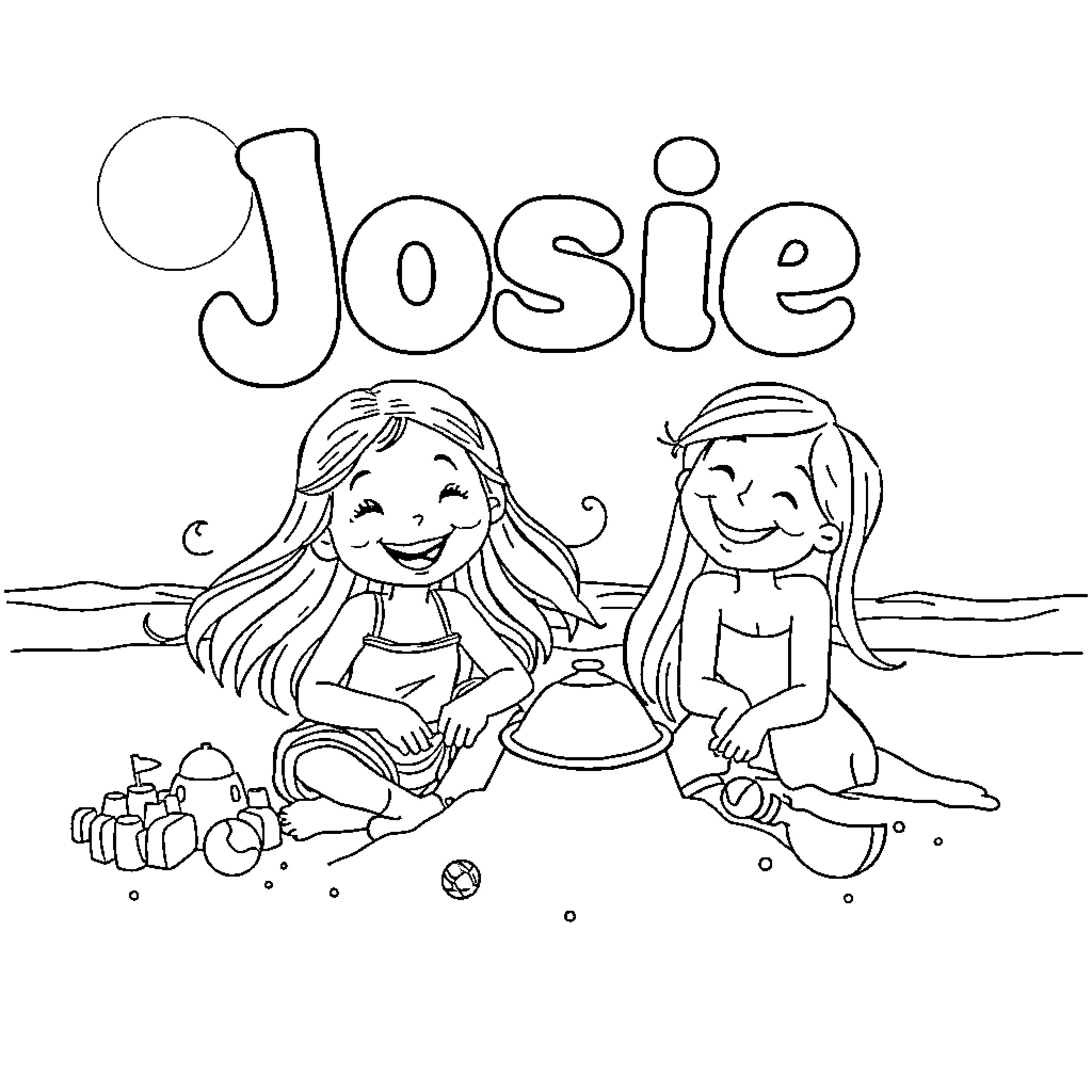 Girl playing happily with friend on the beach Coloring Page (free black-and-white line drawing printable PDF for all, from beginners to advanced learners, including children, teens, adults, and seniors)