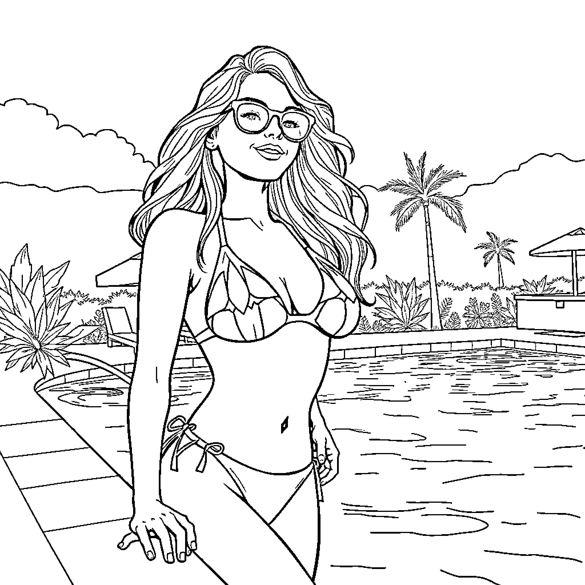 Girl enjoying the sun by the pool Coloring Page (free black-and-white line drawing printable PDF for all, from beginners to advanced learners, including children, teens, adults, and seniors)