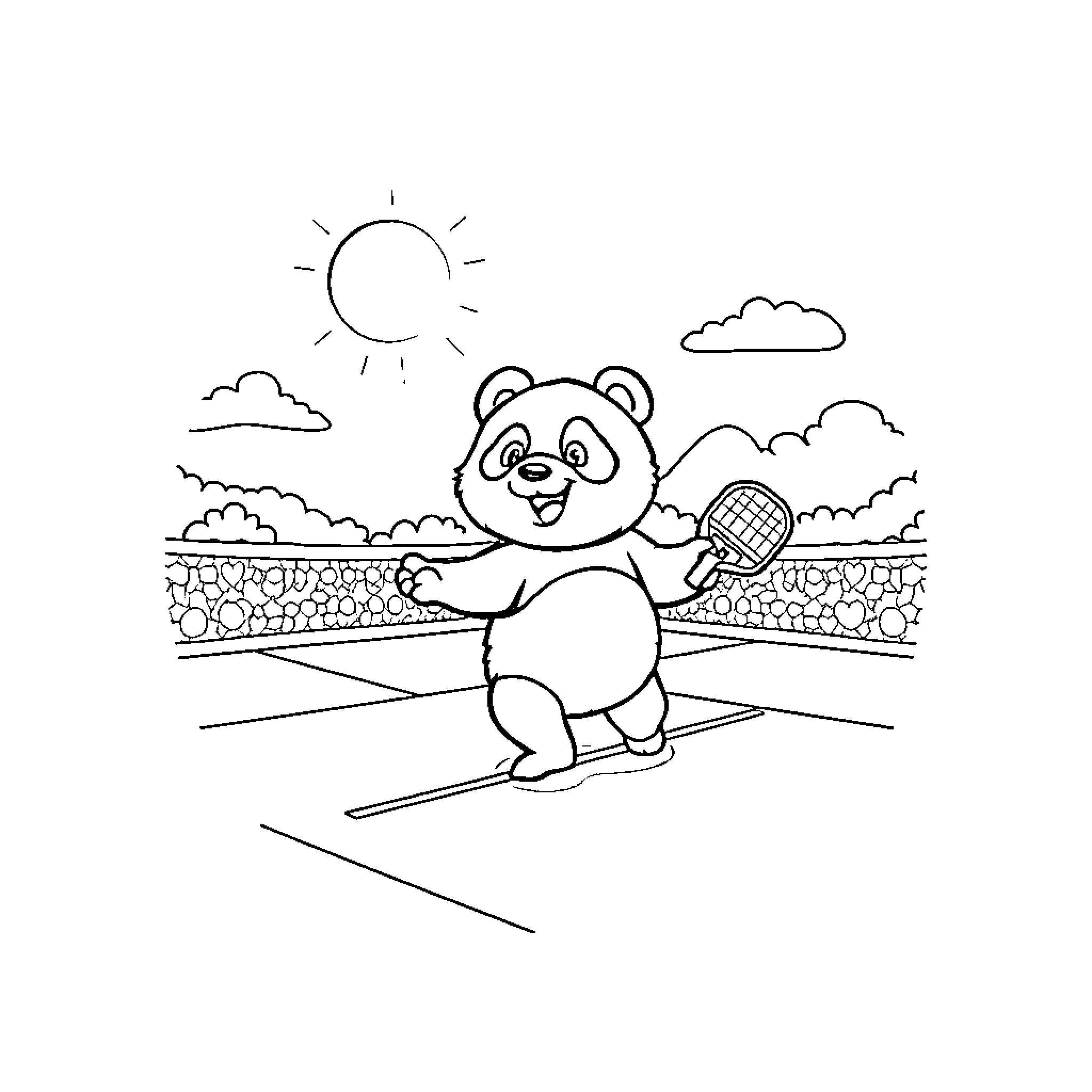 Panda skiing happily on the slopes Coloring Page (free black-and-white line drawing printable PDF for all, from beginners to advanced learners, including children, teens, adults, and seniors)