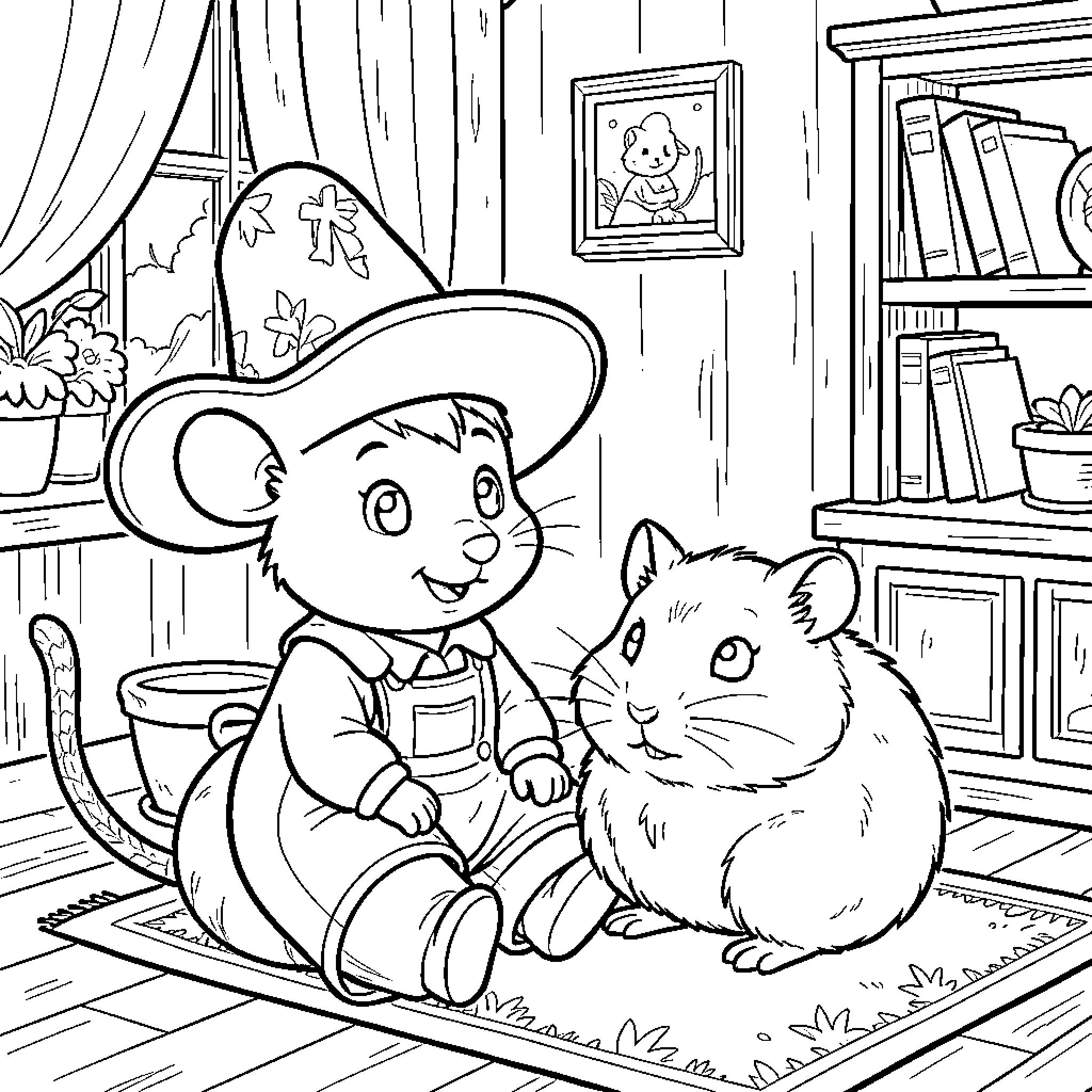 Ratoncito Pérez meeting a friendly hamster in the cozy room Coloring Page (free black-and-white line drawing printable PDF for all, from beginners to advanced learners, including children, teens, adults, and seniors)