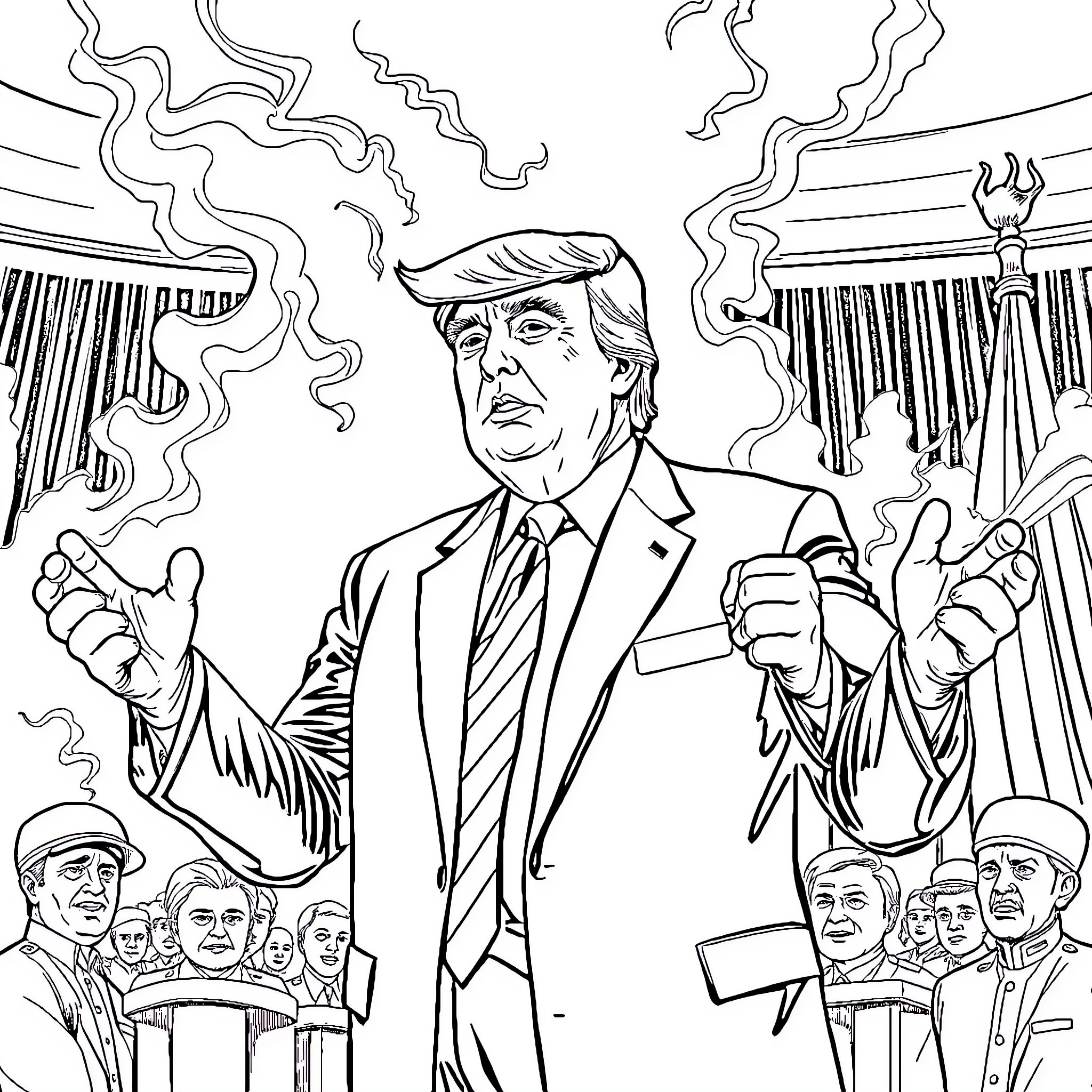 Donald Trump Addressing Supporters at Fiery Political Rally Coloring Page (free black-and-white line drawing printable PDF for all, from beginners to advanced learners, including children, teens, adults, and seniors)