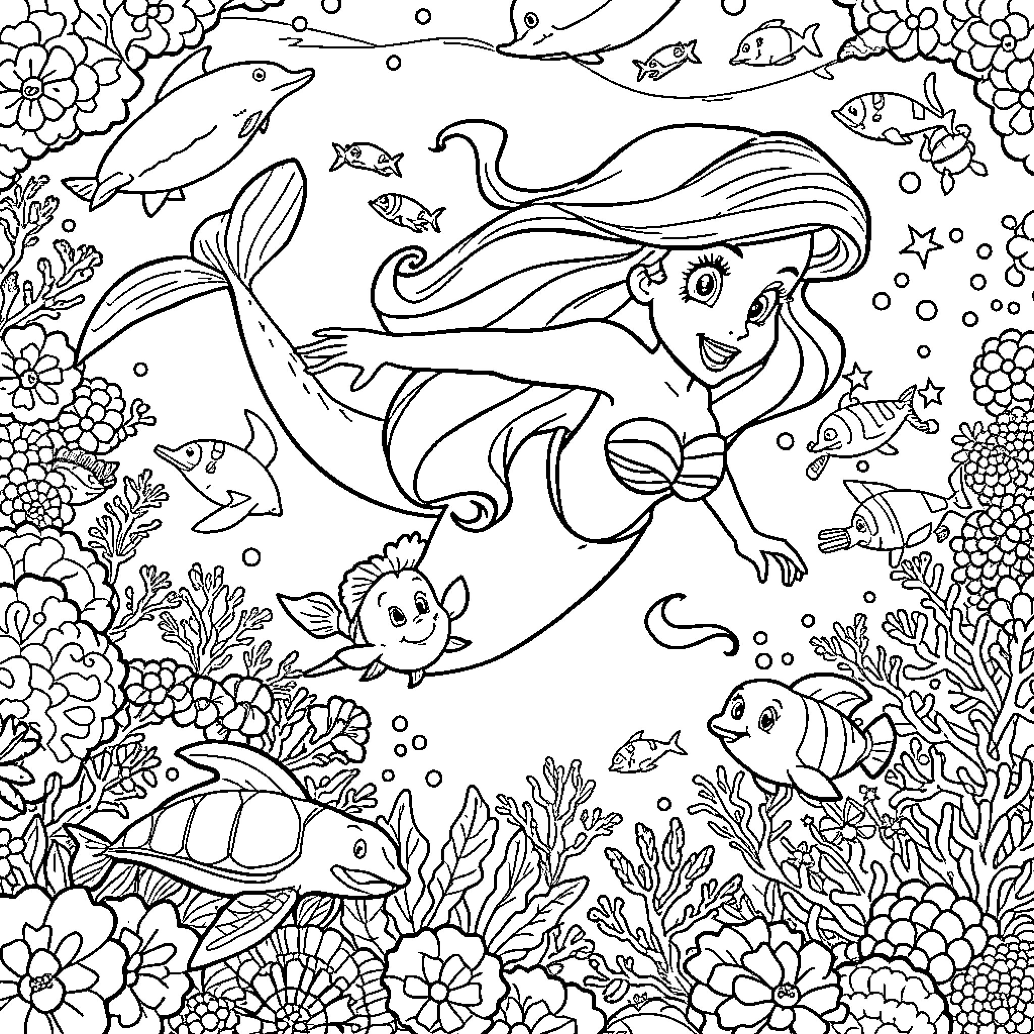 Mermaid exploring the vibrant underwater world Coloring Page (free black-and-white line drawing printable PDF for all, from beginners to advanced learners, including children, teens, adults, and seniors)
