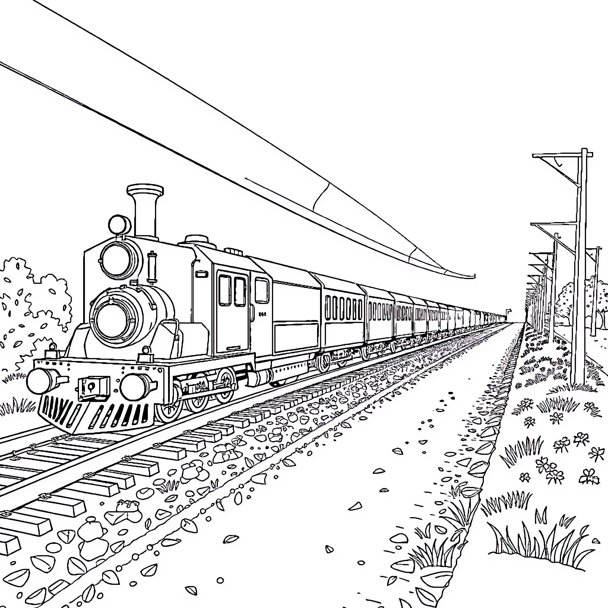 Train traveling along railway track in the countryside Coloring Page (free black-and-white line drawing printable PDF for all, from beginners to advanced learners, including children, teens, adults, and seniors)